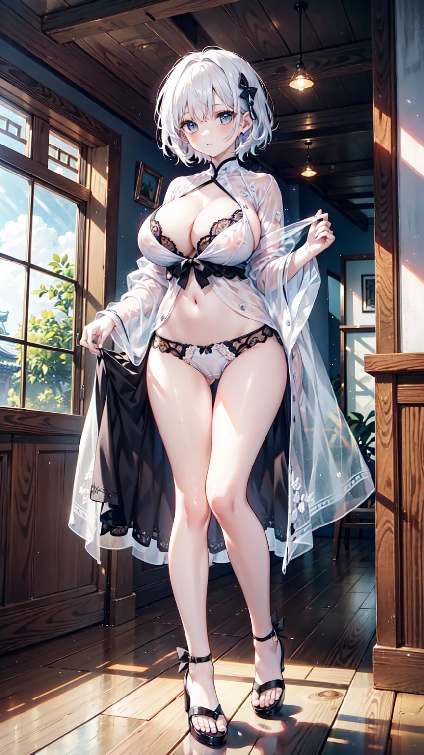 woman，Standing pose with full body，White underwear，White tong，White short hair，Pale skin、Pale skin、 detailed脸，Fewer decorations，Multiple expressions，Very detailed，White transparent underwear，White transparent underwear，Perfect body，Big boobs、prettyeyes，Random Hairstyle，较Big boobs，Full view，Color All，Eye detail enhancement，Volume View，White sandals， Uniformity，Meiji、End of breast，Meiji、End of breast，End of breast，terminal、beautiful女人，Natural conditions，Perfect hands、Maximum resolution、quality、Maximum resolution、quality、（masterpiece）、The face is particularly detailed、The original person、完美而beautiful照明、Best colorful、beautiful、detailed、Ultra-high resolution、Lots of natural light and optimal color tones、In-depth characterization（quality、Extremely fine details：1.4）