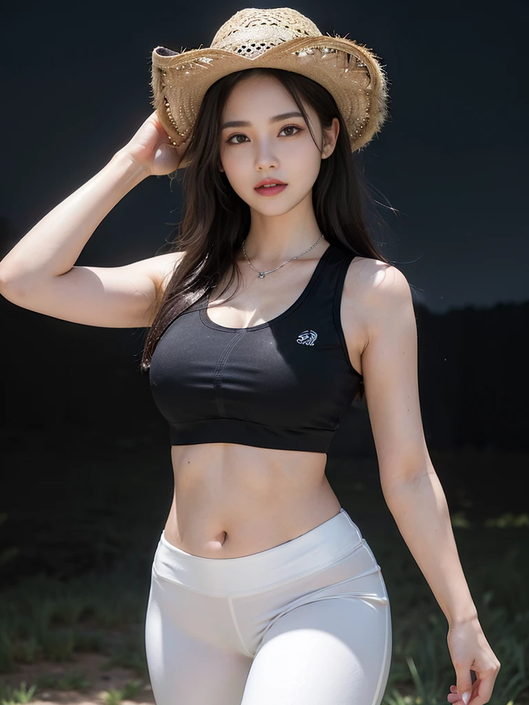 Look here and smile、Colorful summer clothes、top-quality、​masterpiece、超A high resolution、(realisitic:1.4)、Very wide lens、a closeup、Beautiful young woman、Beautiful detail eyes and skin、ssmile、Brown short-cut hair、 bust、Small necklace、、a straw fedora hat、、Summer sky、(highest image quality:1.35), high quality, Realistic photo, (A beautiful woman:1.33), beautiful expression, (delicate eyes:1.3), (delicate face:1.3 ) , Smile, (shiny hair:1.2), Super detailed , high resolution, Sporty figure, (:1.25), (long hair:1.2), (beautiful woman), ( Navel cute:1.2), (Depth of field f/1.8:1.45 ), sharp focus, original photo , (Thin black shirt:1.45), (Thin white pants:1.4), (Thin tight black pants:1.4 ), (sports bra:1.4), (Thick thighs:1.5), (Forward facing:1.25), (cowboy shots:1.4), (Night sports:1.4), (dark sky:1.5 ),