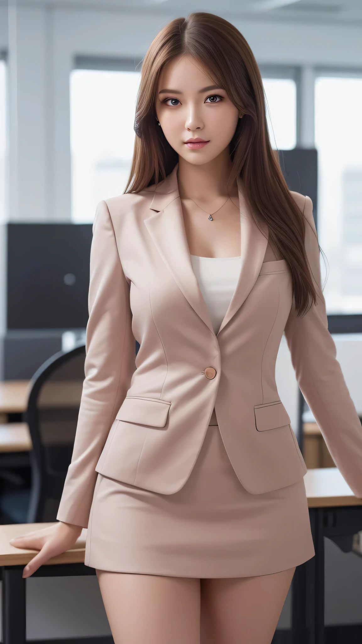 (1young woman), (highly detailed face), Amazing face and eyes, (Best Quality:1.4), (Ultra-detailed), (extremely detailed CG unified 8k wallpaper), Highly detailed, High-definition raw color photos, Professional Photography, Realistic portrait, Amazing face and eyes, Pink eyes, (office lady, suit, miniskirt,:1.3), brown hair, model, depth of fields, School, classroom,