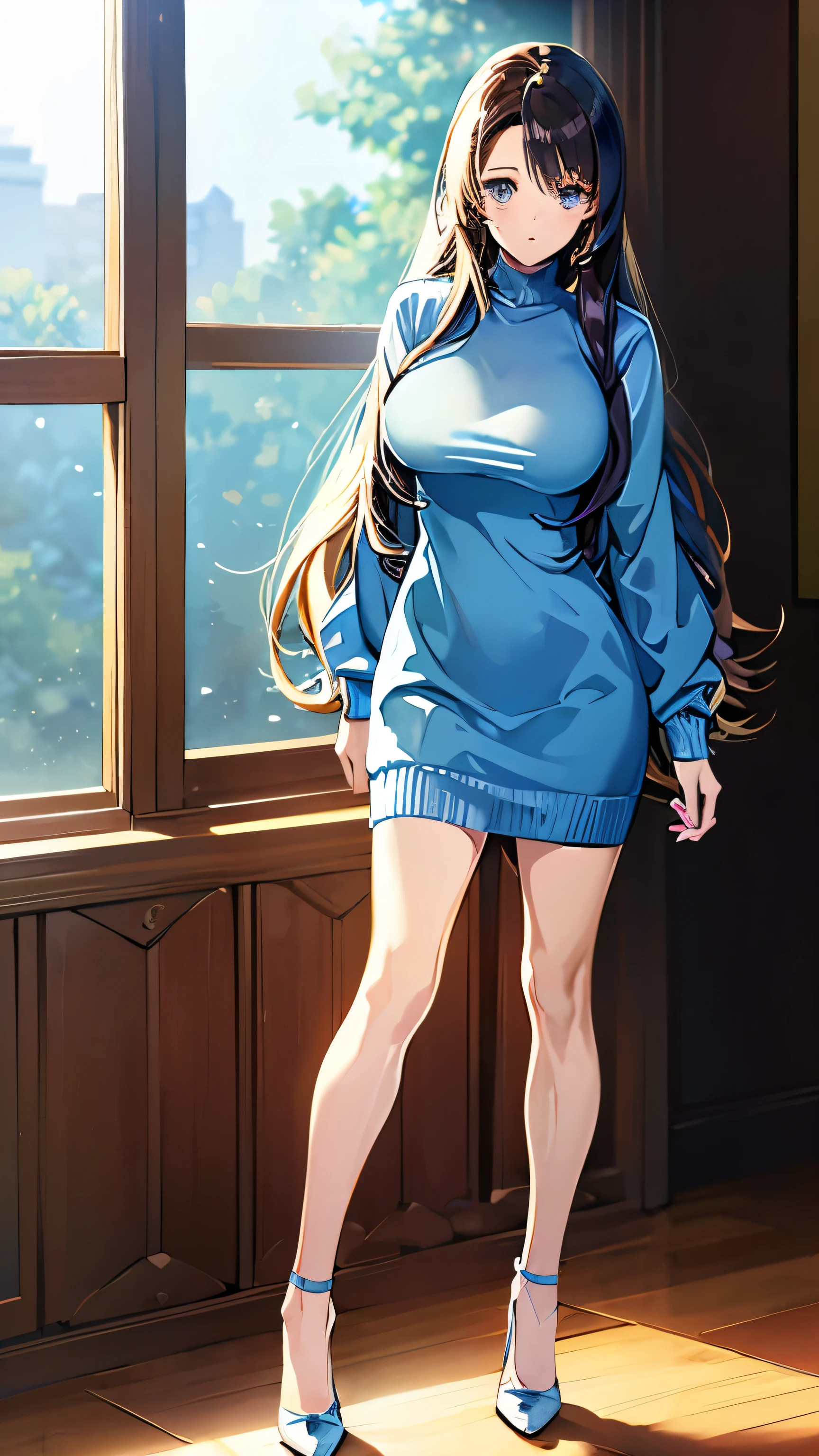 (manga:1.4),Highly detailed CG 8k highest quality, Volumetric lighting, Highly detailed face, , Long Hair, sweater, Huge big breasts, Slender body, Cute heels,standing, dress,Bright light blue clothes