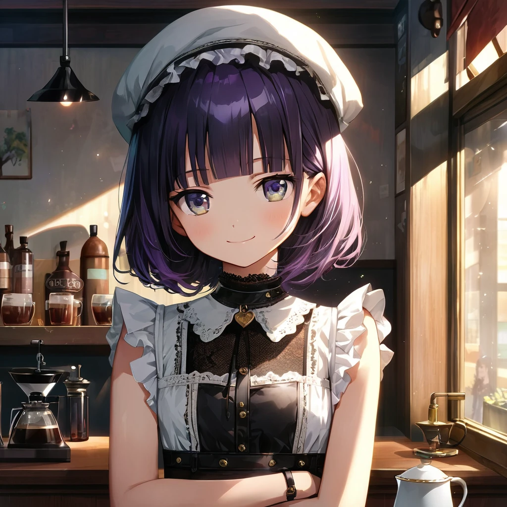 (masuter piece、Best Quality、Detailed、8K, 4K, Illustration、hight resolution、Detailed beautiful eyes:1.2)、cowboy  shot、foco nítido、Evening glow、beauitful face、Sharp pupils、Modern Hall、18 year old beautiful girl、A slender、shinny skin、bob cuts、Beautiful dark purple hair、Purple eyes、inside in room、Apron Dresses、Maid costume、knee sox、I can see the white panties、Have a tray、The tray contains drinks and cakes