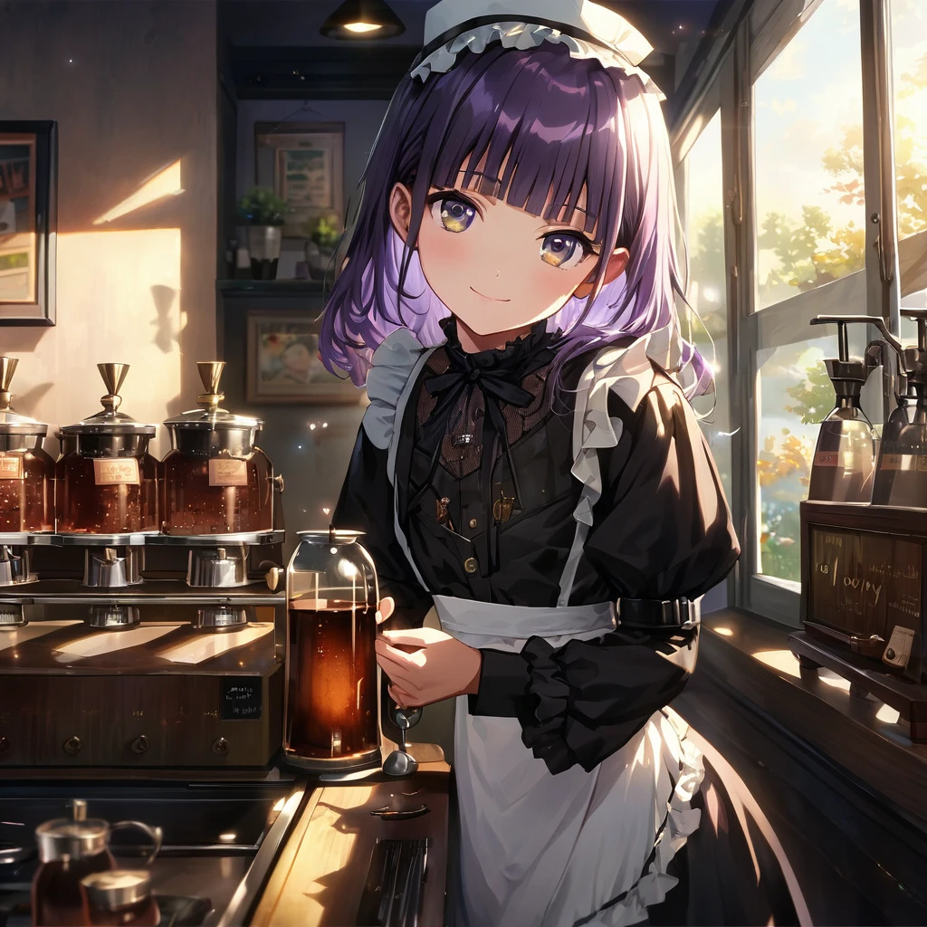 (Cute a girl:1.5), (masterpiece:1.3), anime visual,  (Lovey-dovey:1.5), (tilt head:1.3), extremely delicate face, realistic lighting and shading, (an extremely delicate and beautiful art:1.3),15 years old, skinny body shape,big eyes,smiling,blue purpl wavy and blunt bangs hair,green and black eyes,smiling,from front,White brim, black gothic maid outfit, Black knee-high socks,garter belt, leather shoes,morning lit,A retro coffee shop that brews coffee using a siphon,I'm leaning my chin on my hands and looking out the window,
