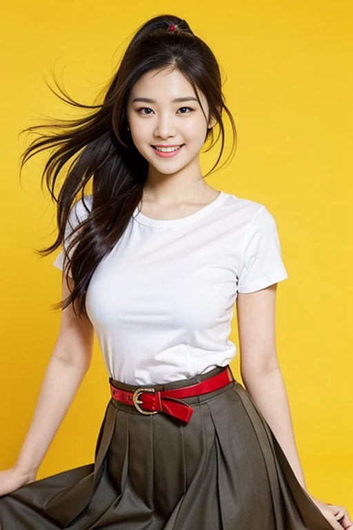 a gorgeous lady, age 18, White T-shirt and Red pleated skirt, black belt, natural pose, dimpled smile, short ponytail, cute snaggleteeth, well-endowed round bosom, photorealistic, beautiful detailed eyes, hyper-realism, high contrast, ultra HD, realistic skin textures, top image quality, top-quality, super high resolution, fine details, very meticulously, simple yellow background
