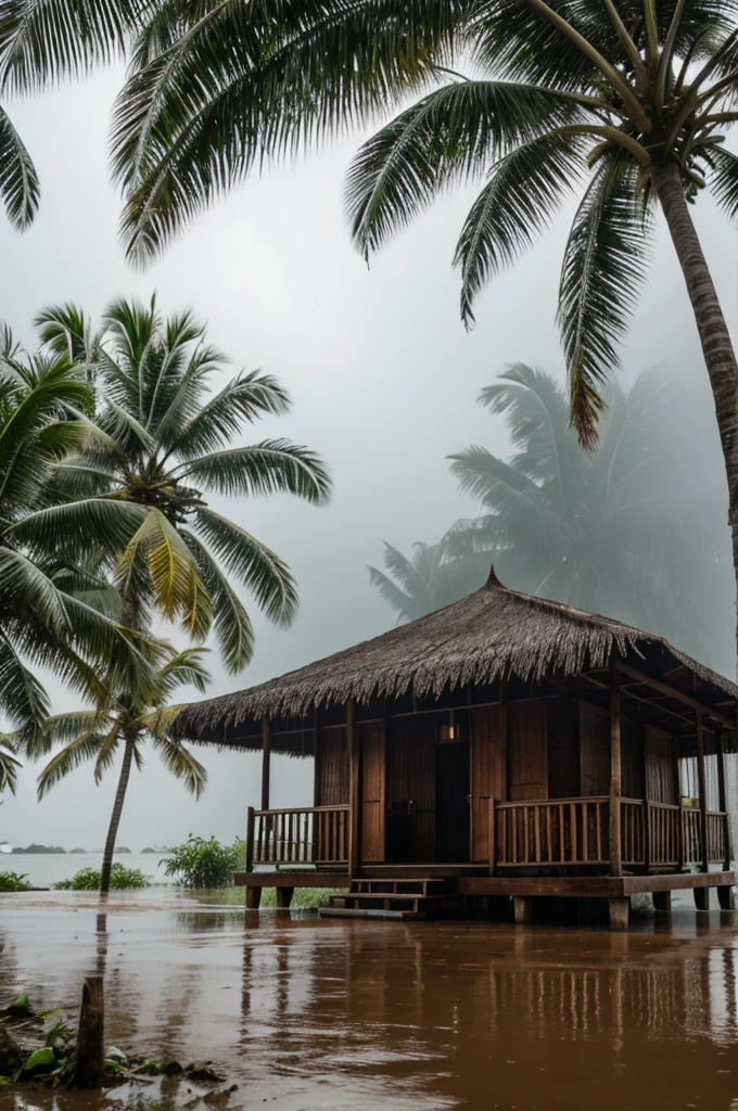 A gloomy evening, a hut, some palm and coconut trees beside it, raining, water accumulating.