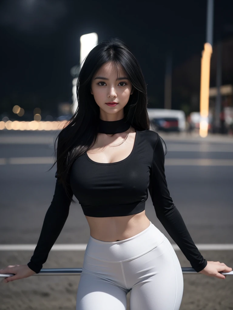 Masterpiece, best image quality, high quality, beautiful women, Japan, detailed, detailed eyes, detailed skin, beautiful skin, beach, ultra high resolution, (realistic : 1.4), very beautiful, slightly younger face, beautiful skin, slim, (surreal) ) ) ) ), (high resolution), (8K), (highest image quality:1.35), high quality, Realistic photo, (A beautiful woman:1.33), beautiful expression, (delicate eyes:1.3), (delicate face:1.3 ) , Smile, (shiny hair:1.2), Super detailed , high resolution, Sporty figure, (big breasts:1.25), (long hair:1.2), (beautiful woman), ( Navel cute:1.2), (Depth of field f/1.8:1.45 ), sharp focus, original photo , (Thin black shirt:1.45), (Thin white pants:1.4), (Thin tight black pants:1.4 ), (sports bra:1.4), (Thick thighs:1.5), (Forward facing:1.25), (cowboy shots:1.4), (Night sports:1.4), (dark sky:1.5 ),