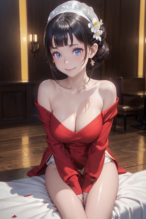 (((Masterpiece))),(((Super Detail))),(((in 8K))),(((best composition))),(((Rim lighting,Fireglow effect,deep shadow))),solo),Beautiful fingers,Detailed finger features,(Detailed hair features:1.7),(Dynamic and sexy bending pose:1.3),detailed facial features,detailed clothes features, (perky chest:1.1), (pointed chest:1.3), delicate beautiful face, Bright blue eyes, cute eyes, sparkling eyes, Big eyes, beautiful detailed eyes,double bun with glittering hair ornament:0.6,(super detailed glossy skin:1.3),slender body,goddess smile,((with sparkling eyes and a contagious smile)),beautiful posture,have a cup of coffee,black hair, red eyes, dress, bare shoulders, jewelry, collarbone, sidelocks, hairband, earrings, indoors, off shoulder, sweater, arms behind back, plant, short hair with long locks, white hairband, off-shoulder dress, sweater dress, off-shoulder sweater, red sweater, big side hair, very long side hair,(super delicate floral pattern:1.2),seductive cleavage:1.3,beautiful glossy legs,shiny red high heels,lifting dishes with cakesd,french restaurant,hustle and bustle,rising steam,(((depth of fields)))
