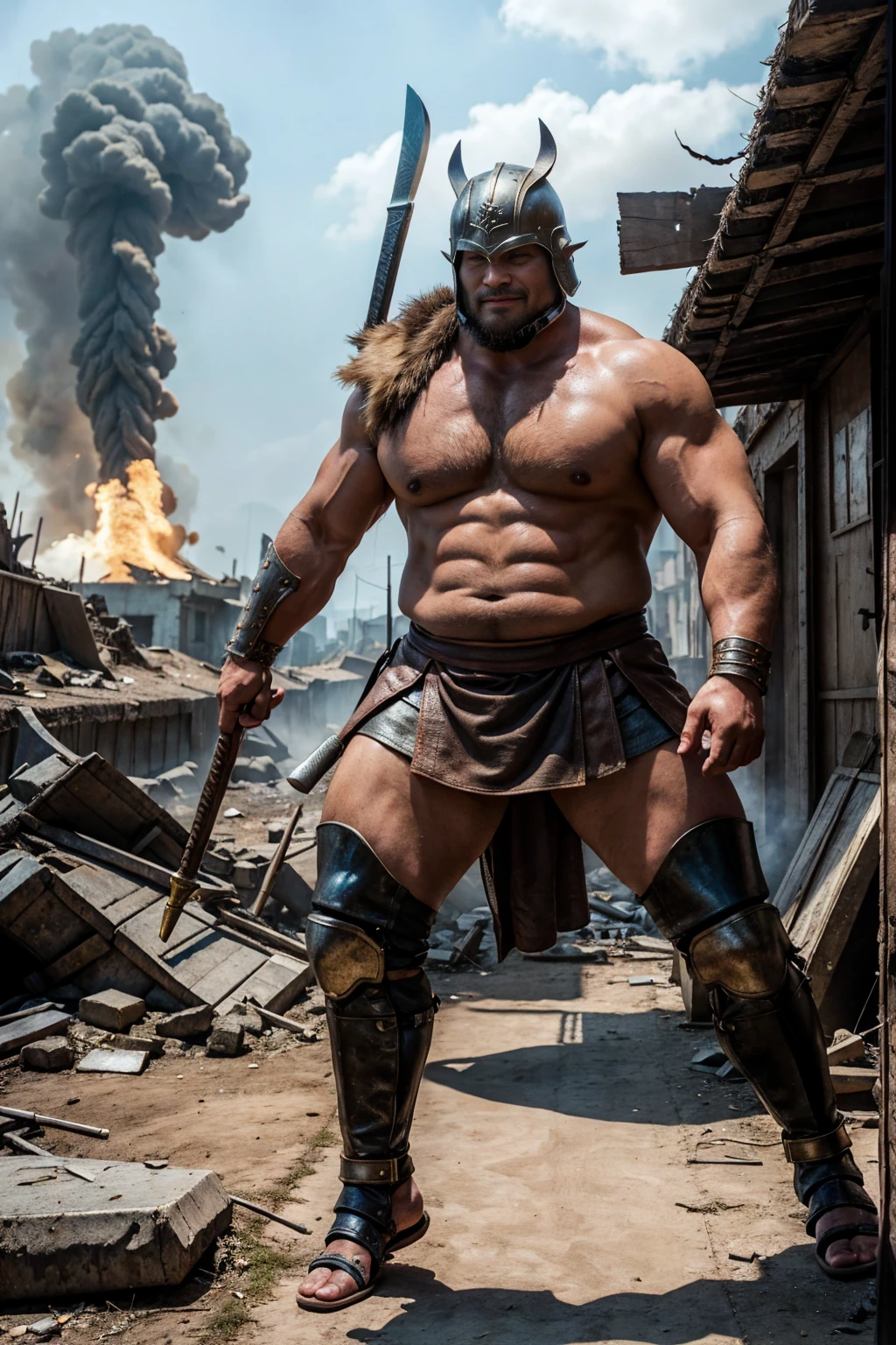 looking at us, shoot from front, face focus, Bandit, Fat ferocious barbarian:2, This barbarian is a robust stocky Japanese, smirking, mid combat, intense battle scene, leather and iron armor, armored short skirt, holding a Viking War Axes, viking helmet, legs exposed from thighs to feet, fierce warriors, ancient battlefields, epic showdown, battleground background, masterpiece, volumetric lighting, Dramatic, Uighur the Warden, breathtaking action, dynamic poses, bald, ((ultra sharp)), ((masterpiece)), ((best quality)), ((ultra detailed)), ((intricate details)), Inguinal region detailed, Dilapidated, breathtaking action, destroyed city after big air raids, fire, A desolate, post-apocalyptic cityscape, A brutal scene, lets out a yell, casting an ominous shadow, 