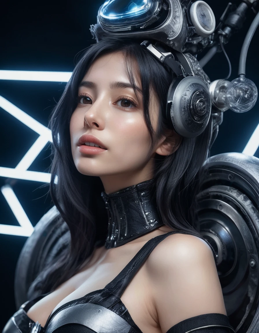 (nsfw:1.2), (masterpiece, Best Quality, hyper Realistic:1.6),
BREAK
A beautiful, sexy young woman, an Instagram model, with high detail, looking happy. Posed in a wide-angle, gravure style with her arms behind her head, and her full body in the frame. She has a very slim waist, perfectly balanced soft, large breasts with noticeable cleavage, large buttocks, and long, beautiful legs. She is dressed in glamorous clothing that highlights her sculptural beauty. Her realistic soft skin has a silky, slightly oily texture. She has a small head, detailed facial features, and eyes, with a cute, pretty slim face, a half-open duck mouth, and perfect teeth. Her gray hair is neatly arranged, and she is looking directly at the viewer. She is wearing detailed black sexy cyber gear with soft textures and a minimalistic beauty, including advanced technical sneakers. Her stance is harmonious.
She is in a dimly lit room with brilliantly glowing white neon lights. The setting is the interior of a futuristic colony, with mist drifting and steam rising from the concrete.
