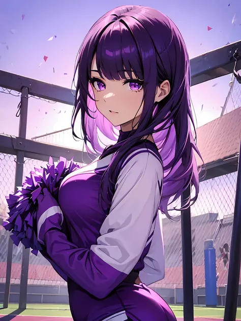 1women, as a cheerleader, wearing cheerleader outfit, at a playground, dark purple color medium length hair, purple colour eyes,...