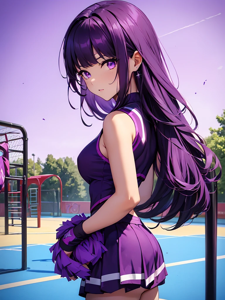 1women, as a cheerleader, wearing cheerleader outfit, at a playground, dark purple color medium length hair, purple colour eyes, 8k, high detailed, high quality
