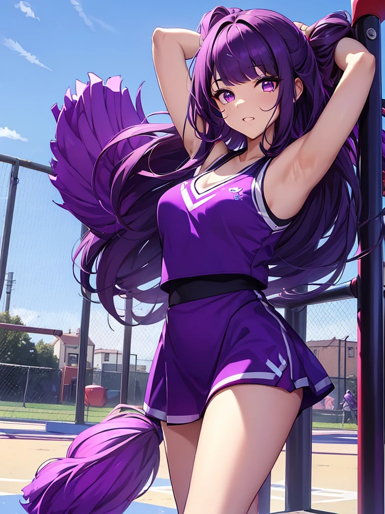 1women, as a cheerleader, wearing cheerleader outfit, at a playground, dark purple color medium length hair, purple colour eyes, 8k, high detailed, high quality
