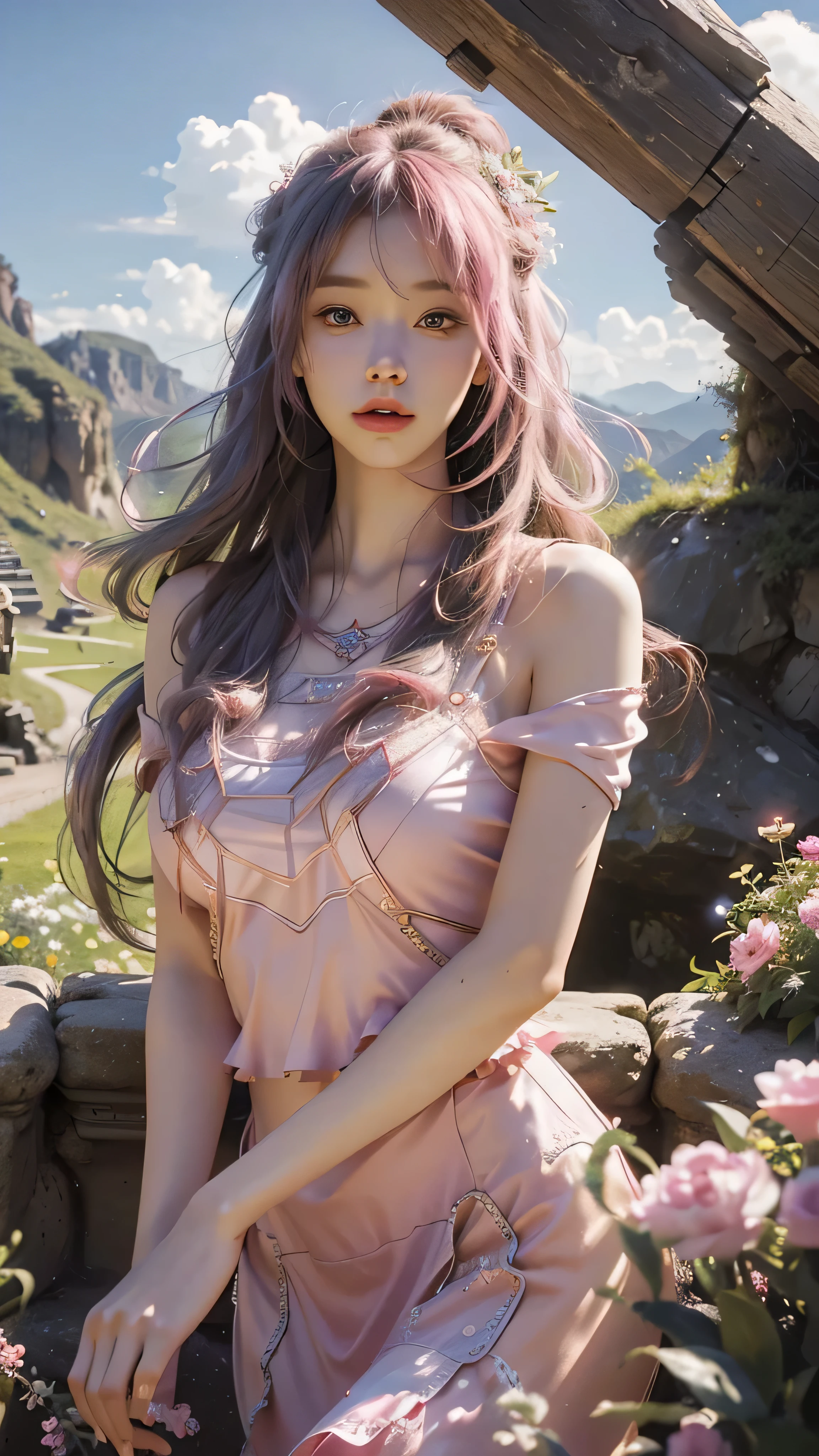(Best quality, 8K, high resolution, masterpiece:1.2), Digital Artwork, A girl, Delicate face, delicate eyes, Pink Hair, Long and straight hair, Glowing purple eyes, red lips, Suspenders, Fantasy Landscape, Vibrant colors, soft light, Whimsical atmosphere, Blooming flowers, floating dress, Fine details, Ethereal Background, Dreamy aura