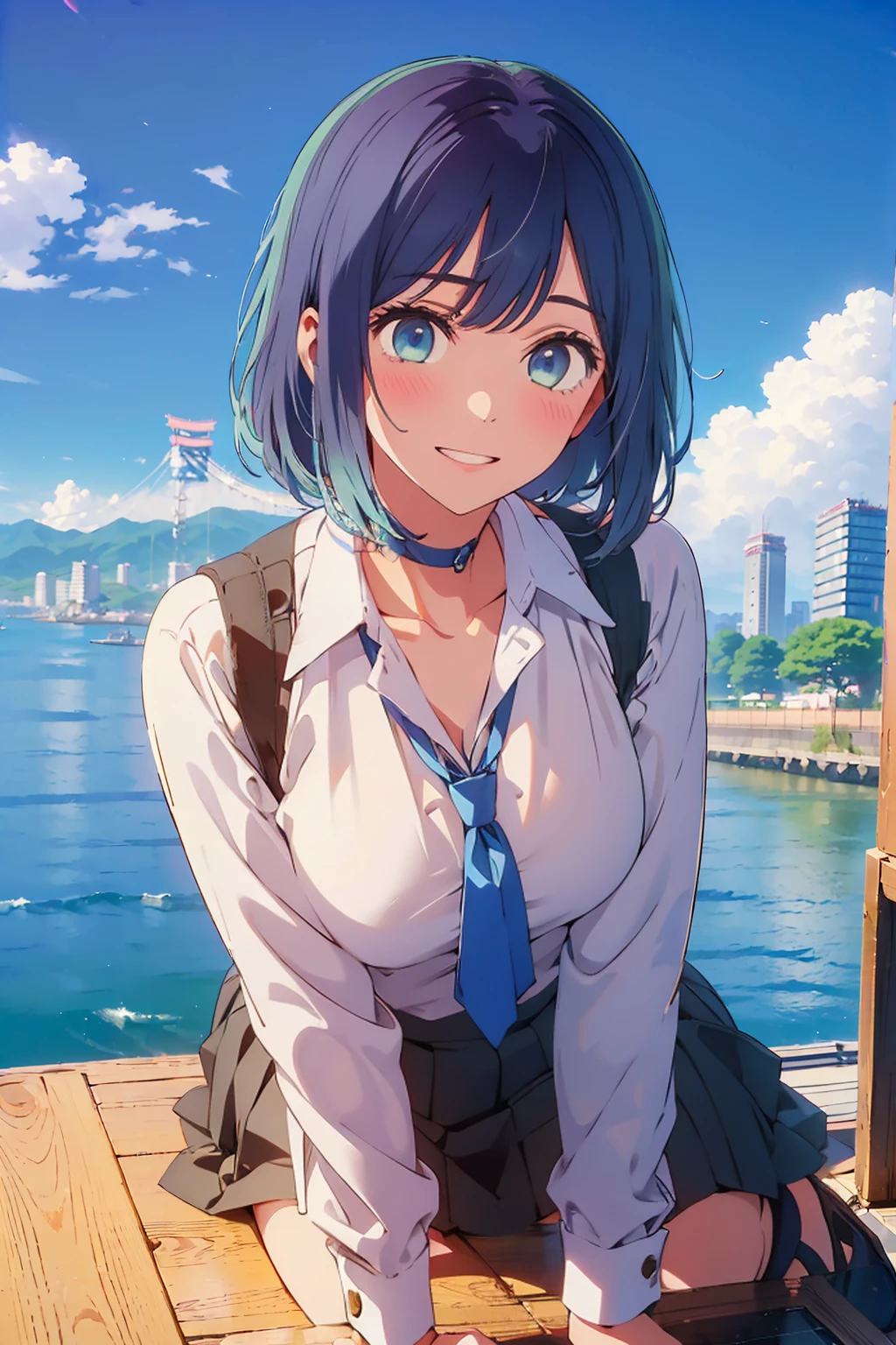 highest quality,8k,detailed,F cup bust、Big Breasts、Very cute face、White shirt、Black Skirt、Black Sweater Vest、Blue tie、Beautiful thighs、Best Beautiful Legs、Slim and beautiful arms、Slim body、Very white beautiful skin、((((1 person、sit、looking at the camera、smile、smile、Tokyo buildings in the background、sit、On all fours、Tokyo Coast))))、I can see the deep blue sky、The atmosphere is bright and lively、The woman is at the center of the image。