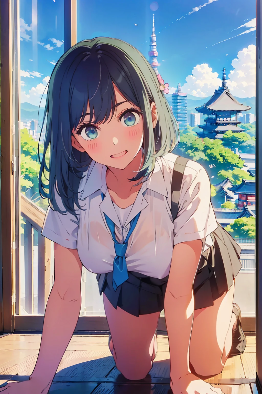 highest quality,8k,detailed,F cup bust、Big Breasts、Very cute face、White shirt、Black Skirt、Black Sweater Vest、Blue tie、Beautiful thighs、Best Beautiful Legs、Slim and beautiful arms、Slim body、Very white beautiful skin、((((1 person、sit、looking at the camera、smile、smile、Tokyo buildings in the background、sit、On all fours、Tokyo Coast))))、I can see the deep blue sky、The atmosphere is bright and lively、The woman is at the center of the image。