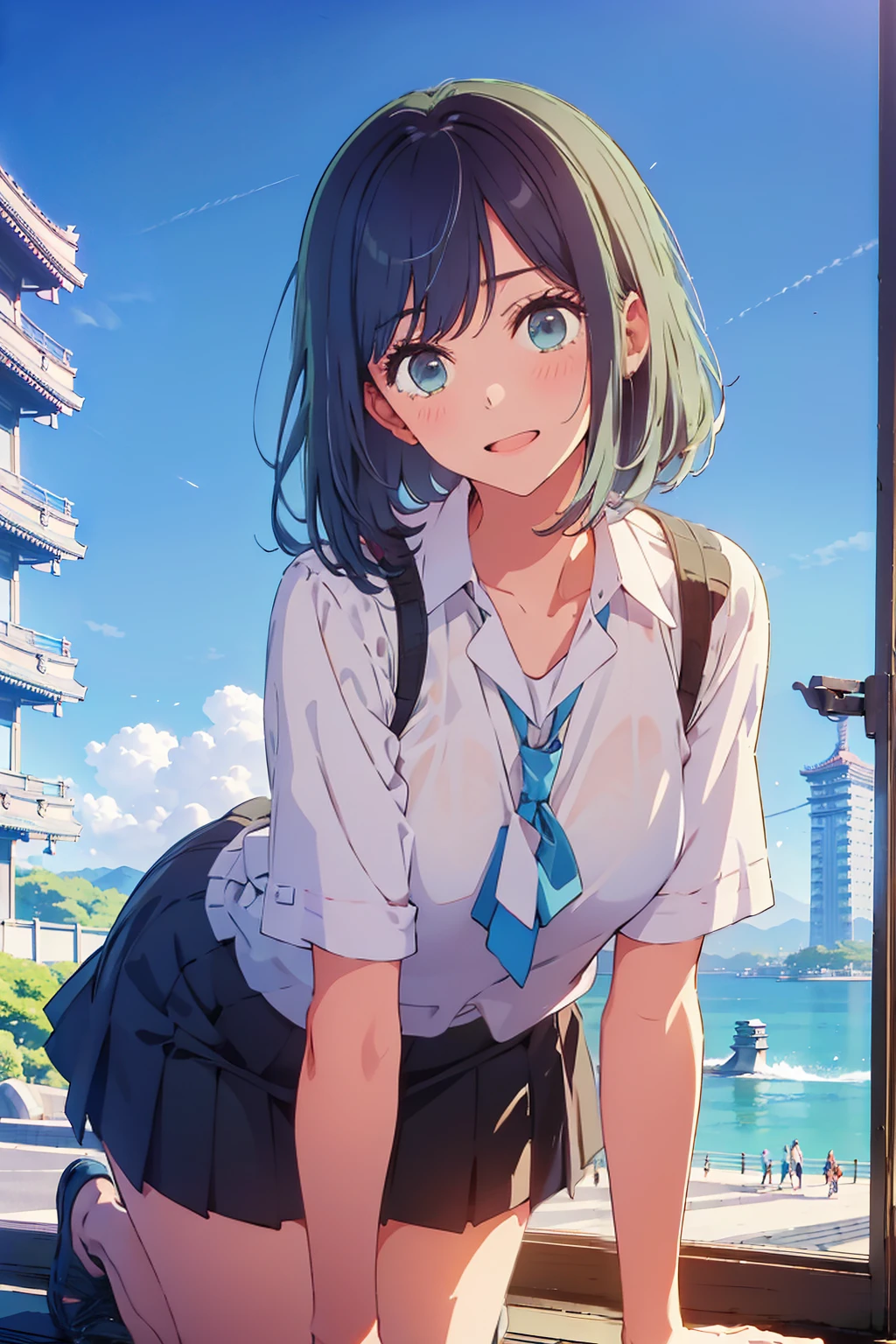 highest quality,8k,detailed,F cup bust、Big Breasts、Very cute face、White shirt、Black Skirt、Black Sweater Vest、Blue tie、Beautiful thighs、Best Beautiful Legs、Slim and beautiful arms、Slim body、Very white beautiful skin、((((1 person、sit、looking at the camera、smile、smile、Tokyo buildings in the background、sit、On all fours、Tokyo Coast))))、I can see the deep blue sky、The atmosphere is bright and lively、The woman is at the center of the image。