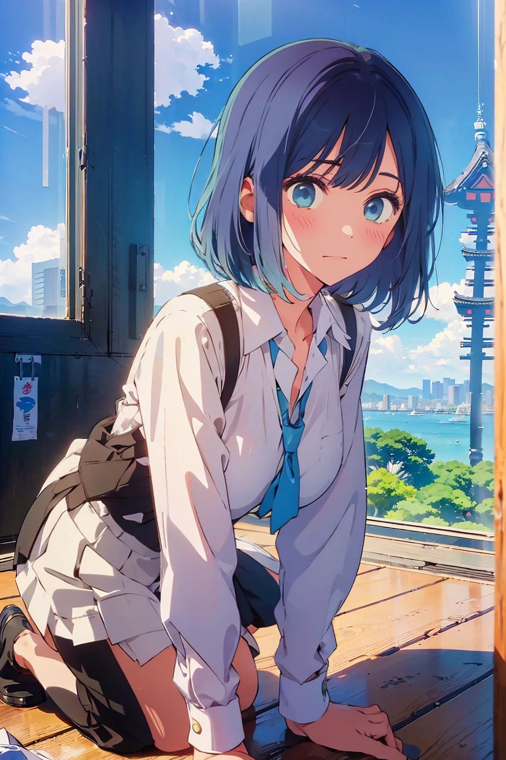 highest quality,8k,detailed,F cup bust、Big Breasts、Very cute face、White shirt、Black Skirt、Black Sweater Vest、Blue tie、Beautiful thighs、Best Beautiful Legs、Slim and beautiful arms、Slim body、Very white beautiful skin、((((1 person、sit、looking at the camera、smile、smile、Tokyo buildings in the background、sit、On all fours、Tokyo Coast))))、I can see the deep blue sky、The atmosphere is bright and lively、The woman is at the center of the image。