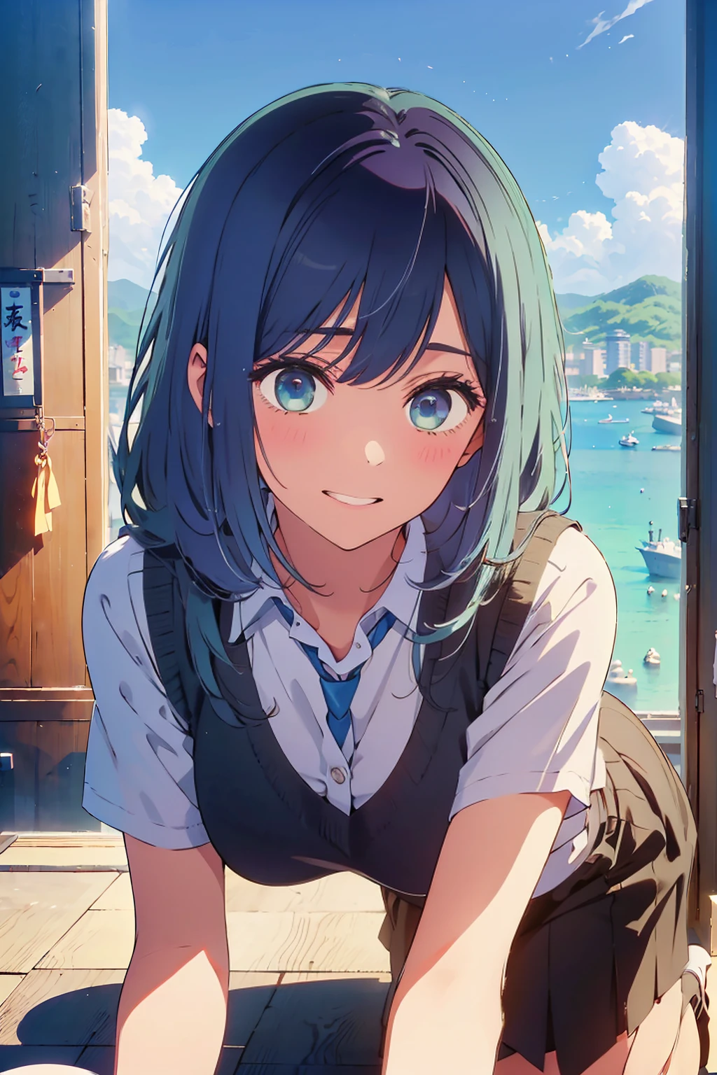 highest quality,8k,detailed,F cup bust、、Very cute face、White shirt、Black Skirt、Black Sweater Vest、Blue tie、Beautiful thighs、Best Beautiful Legs、Slim and beautiful arms、Slim body、Very white beautiful skin、((((1 person、sit、looking at the camera、smile、smile、Tokyo buildings in the background、sit、On all fours、Tokyo Coast))))、I can see the deep blue sky、The atmosphere is bright and lively、The woman is at the center of the image。