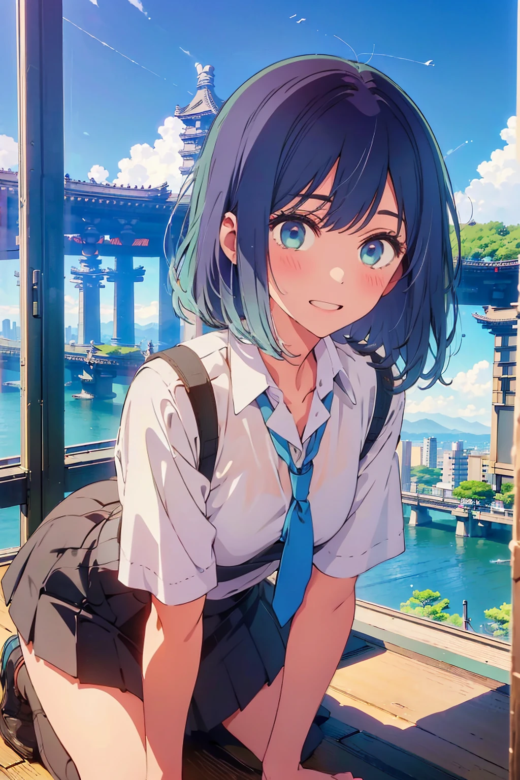 highest quality,8k,detailed,F cup bust、、Very cute face、White shirt、Black Skirt、Black Sweater Vest、Blue tie、Beautiful thighs、Best Beautiful Legs、Slim and beautiful arms、Slim body、Very white beautiful skin、((((1 person、sit、looking at the camera、smile、smile、Tokyo buildings in the background、sit、On all fours、Tokyo Coast))))、I can see the deep blue sky、The atmosphere is bright and lively、The woman is at the center of the image。