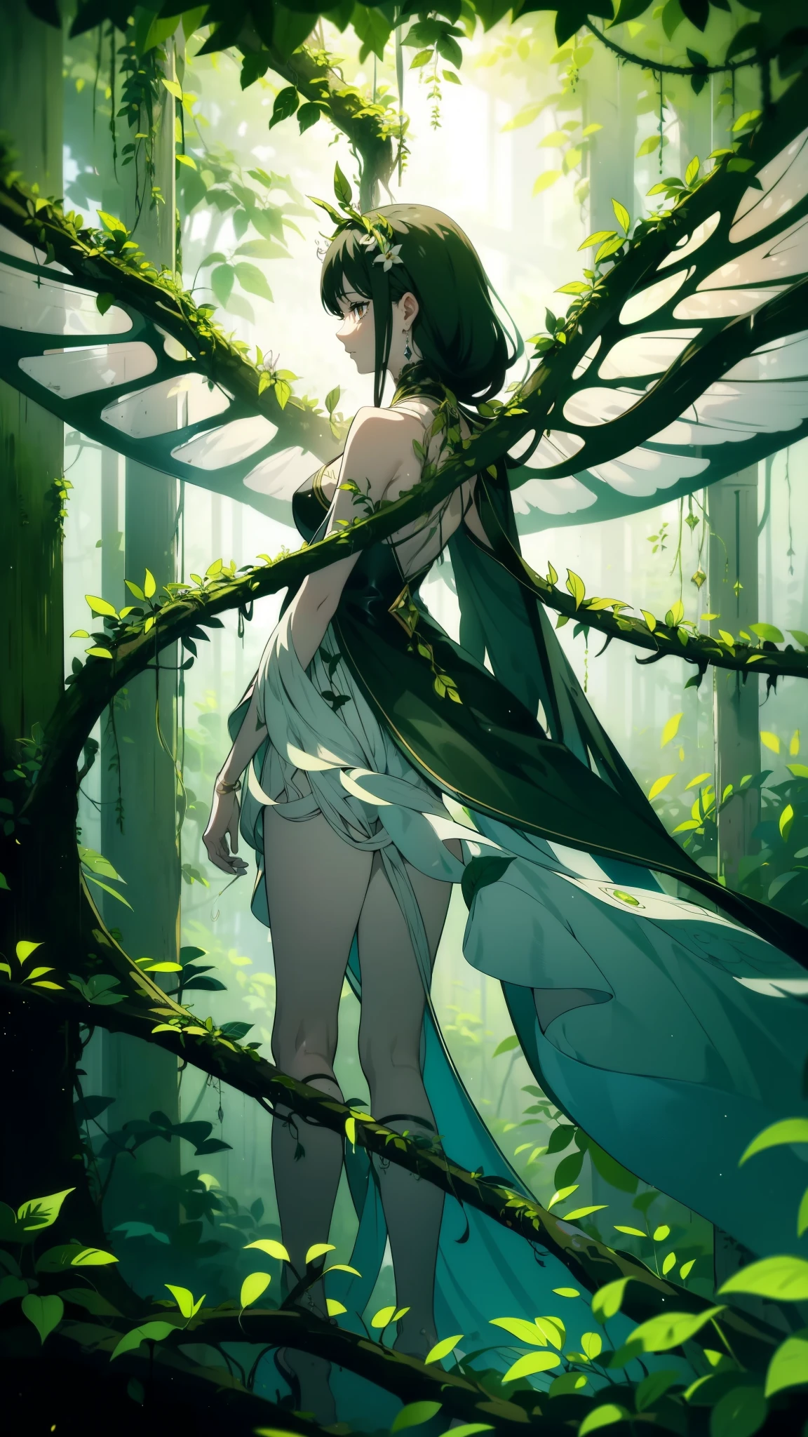 ((((Obra maestra, La mejor calidad, ultrahigh resolution)))), (((leafy surroundings,clockwise swirling vines around ankles,emergent greenery around them with winding stems))),2b femboy, smiling,front-facing, knees slightly bent,clothing:leaves, leafy armor, flowing robes tied with vines,(emergent greenery around arms), arms relaxed by sides, 22cm wings with lily-like shapes, back of neck adorned with an acorn and some tendrils, verdant hair,golden brown eyes with a faint green glow, ((lively eyes)), flowers in hair, outdoor setting, foliage-covered ground, subtle gradient of greens in background, high contrast, misty air, blurred subject from afar, overall sense of harmony with nature