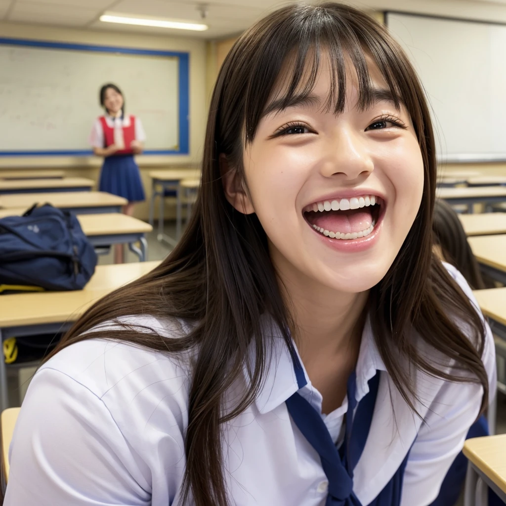 Laughing Japanese high school girl、High 、School classroom、Laughing with your mouth open、Smiling at the camera