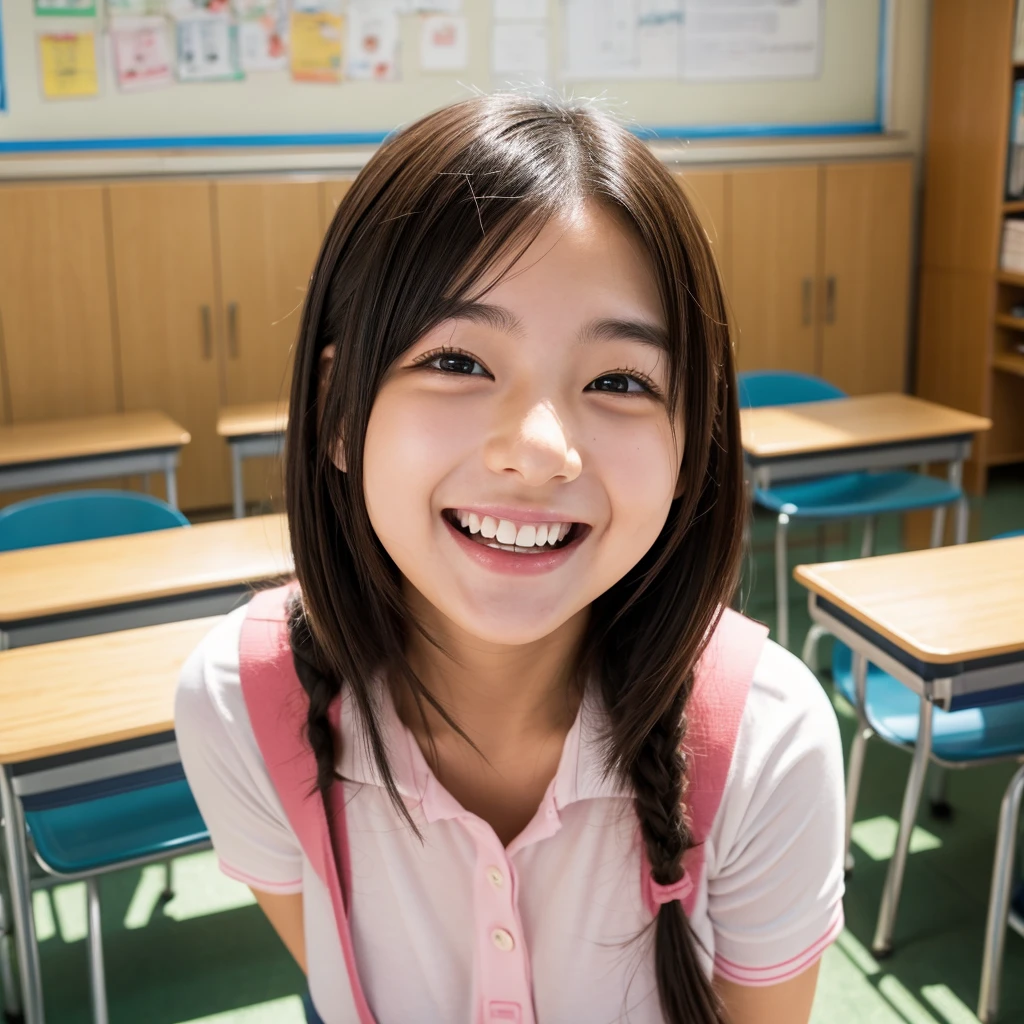 Laughing Japanese high school girl、High 、School classroom、Laughing with your mouth open、Smiling at the camera