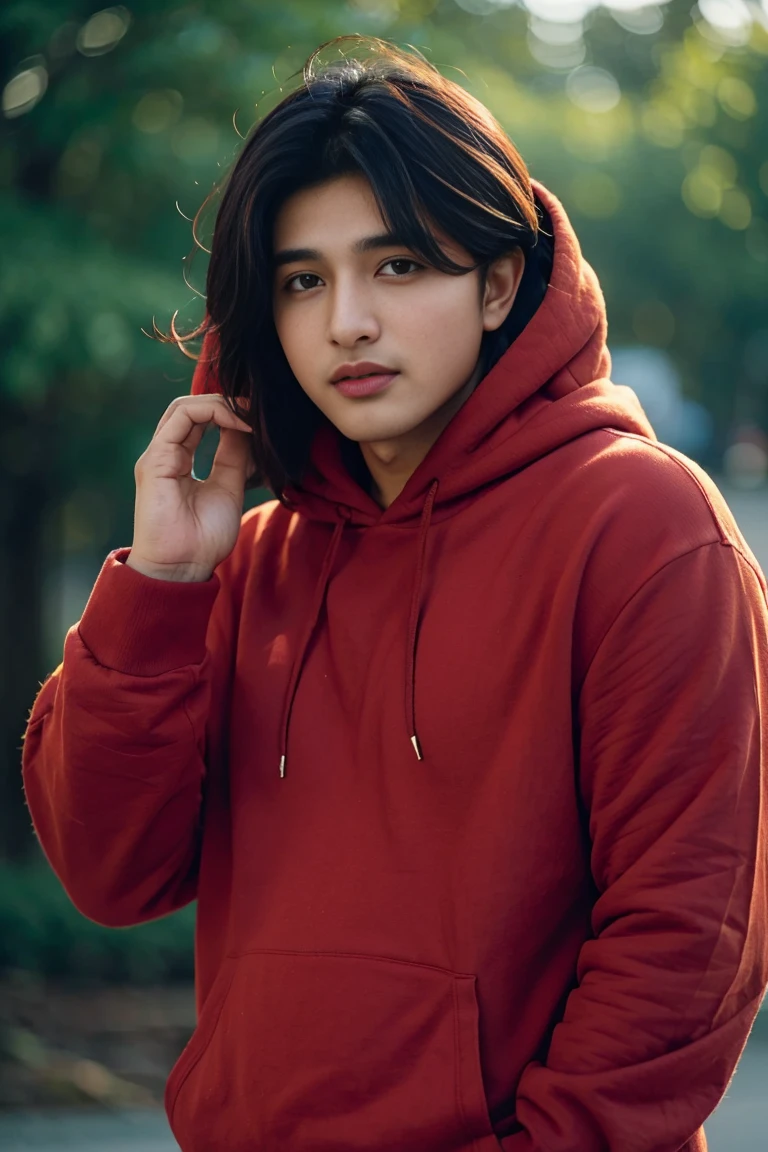 (((desi boy))), chubby face, natural skin, wearing red hoody, charming black hair, ((hair ends are blonde)), greenary village background, bokeh