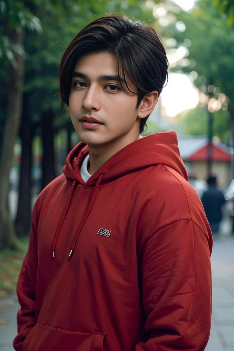(((desi boy))), chubby face, natural skin, wearing red hoody, charming black hair, ((hair ends are blonde)), greenary village background, bokeh