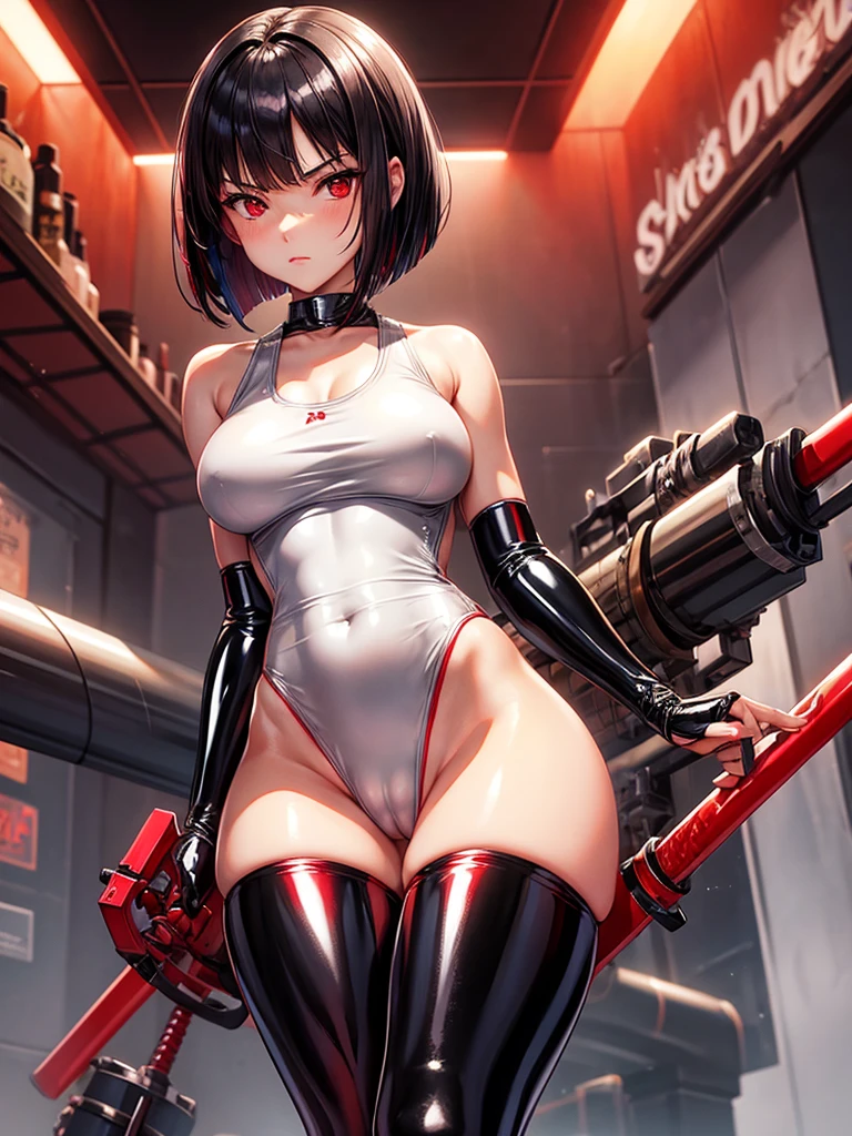 solo girl,Glossy metalic light silver tank top, tight latex shiny, Red interpolation color,Black hair bob,red eyes, camel toe, Samurai Sword,
Lift one leg, sexy lady,, naked girl,