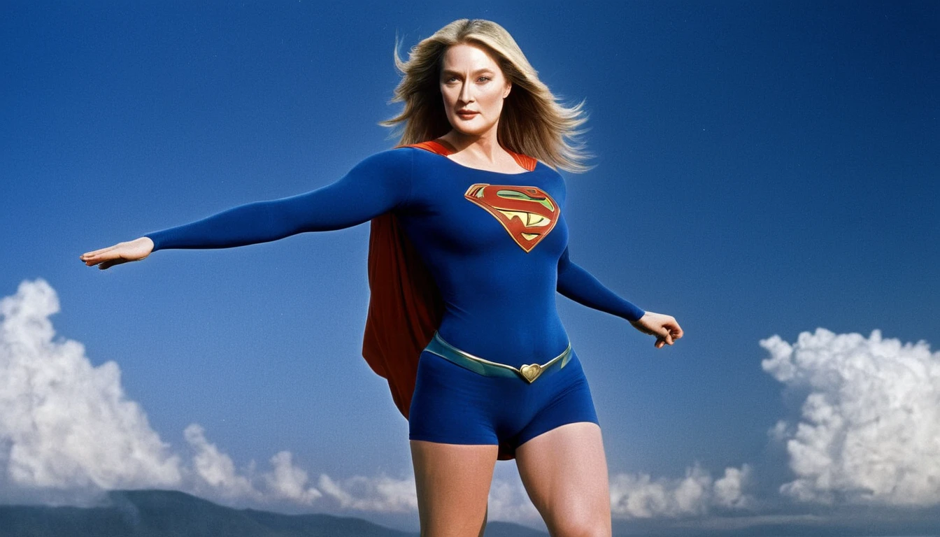   full body photo; old and sexy Meryl Streep in a 1984 Supergirl spills the beans; determined, confident, imposing woman; airbender.