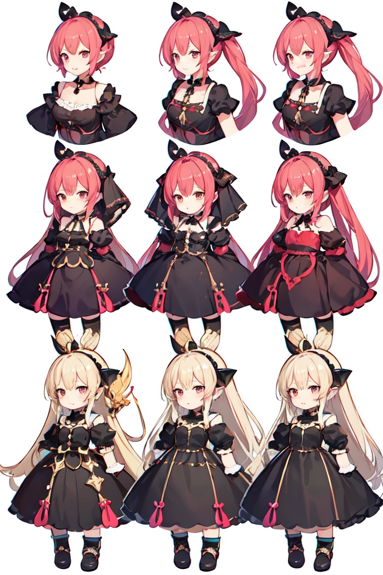 raspberry long hair wearing yellow on her hair, rose pink dress, anime character reference sheet,, full body!, [ character design ], design sheet, character reference sheet, golden brown eyes, single character full body honkai star rail style, , official artwork, CG,