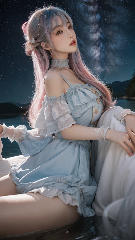 （masterpiece，quality，best quality，water彩（curly），official art，Beauty and aesthetics：1.2），（1個Giant Breast Girl：1.3），（Fractal Art：1.3），two \(Manaka Nemu\)，Big breasts and thin waist，thigh，View from the side，Looking at the audience，patterned，（Rainbow Hair，hair color，Half blue, half pink hair：1.2），water，liquid，cloud，rich and colorful，Starry Sky，Star，