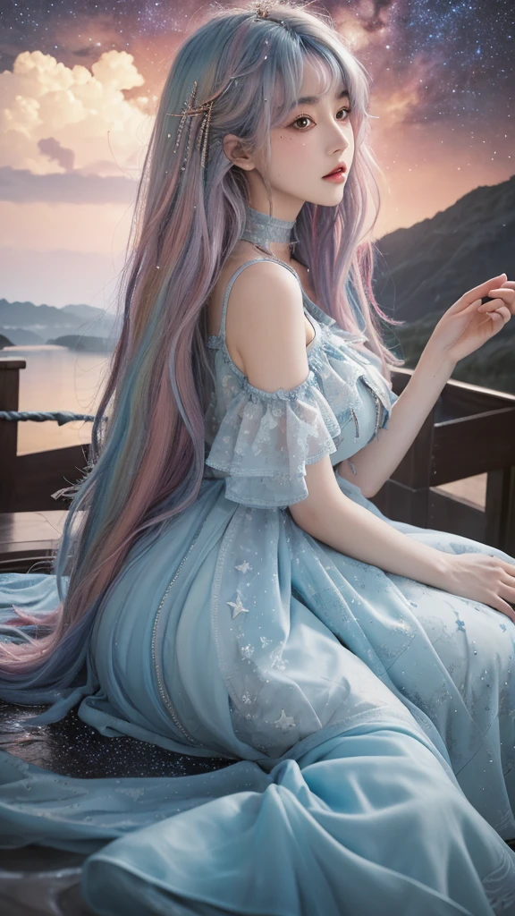(masterpiece,quality,best quality,water彩(curly),official art,Beauty and aesthetics:1.2),(1個Giant Breast Girl:1.3),(Fractal Art:1.3),two \(Manaka Nemu\),Big breasts and thin waist,thigh,View from the side,Looking at the audience,patterned,(Rainbow Hair,hair color,Half blue, half pink hair:1.2),water,liquid,cloud,rich and colorful,Starry Sky,Star,