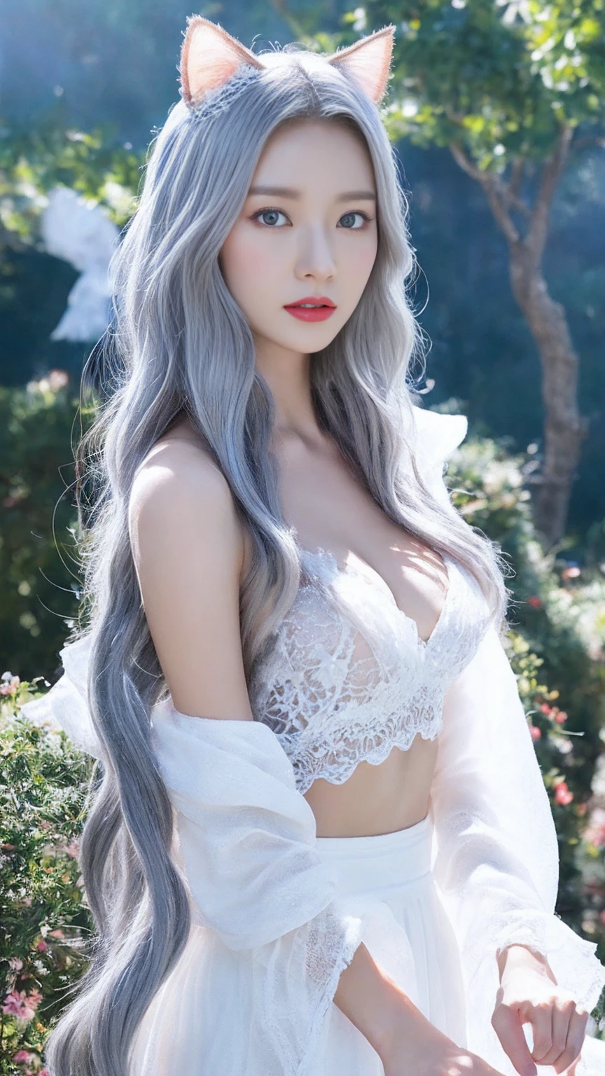 Person in a white dress、Close-up of a woman with cat ears, Heavenly Beauty, A young and elegant appearance is wonderful, Huge breasts，Your breasts will get bigger，H Cup，Exposing more breasts，Flowing white robes, Flowing skirt, 1 transparent skirt，Openwork skirt，No shoulder strap，Flowing magical robes, beautiful girl, Very beautiful top model, Beautiful digital art, tall thin Beautiful Goddess, Beautiful Goddess, Beautiful Fantasy Girl, Beautiful fantasy art, Sleek digital concept art, Smooth anime CG art，Blizzard，Snow Mountain，lake，Gray Hair，His face was a little red，There is a red dot on the forehead