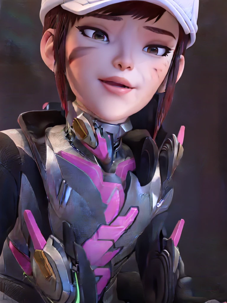 3D, CGI,Render, realistic, realism, photorealism, photo-realistic, high contrast, (photorealistic:1.4), 8k high definition detailed realistic, (best quality, masterpiece:1.2), NSFW, owdva, d.va \(overwatch\),, photon mapping, radiosity, physically-based rendering, best quality, highly detailed, 1girl,  looking at the viewer,front face , wearing academy uniform, dark blue jacket, pink headphones, pink skirt, , round glasses,    