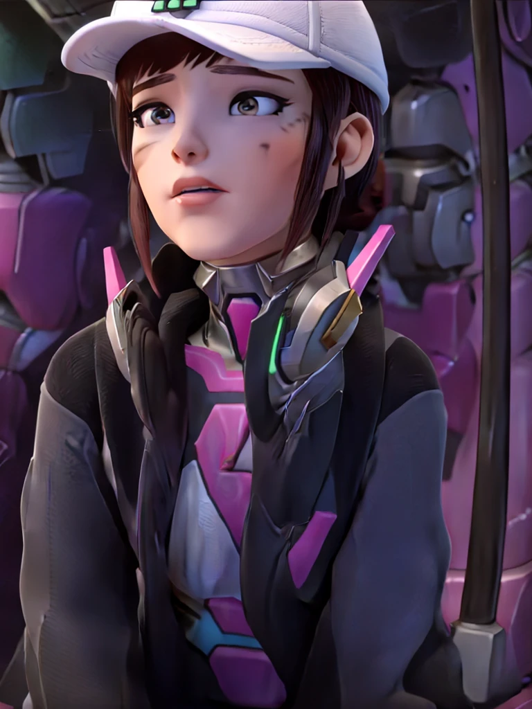 3D, CGI,Render, realistic, realism, photorealism, photo-realistic, high contrast, (photorealistic:1.4), 8k high definition detailed realistic, (best quality, masterpiece:1.2), NSFW, owdva, d.va \(overwatch\),, photon mapping, radiosity, physically-based rendering, best quality, highly detailed, 1girl, looking at the viewer,front face , wearing academy uniform, dark blue jacket, pink headphones, pink skirt, , round glasses,