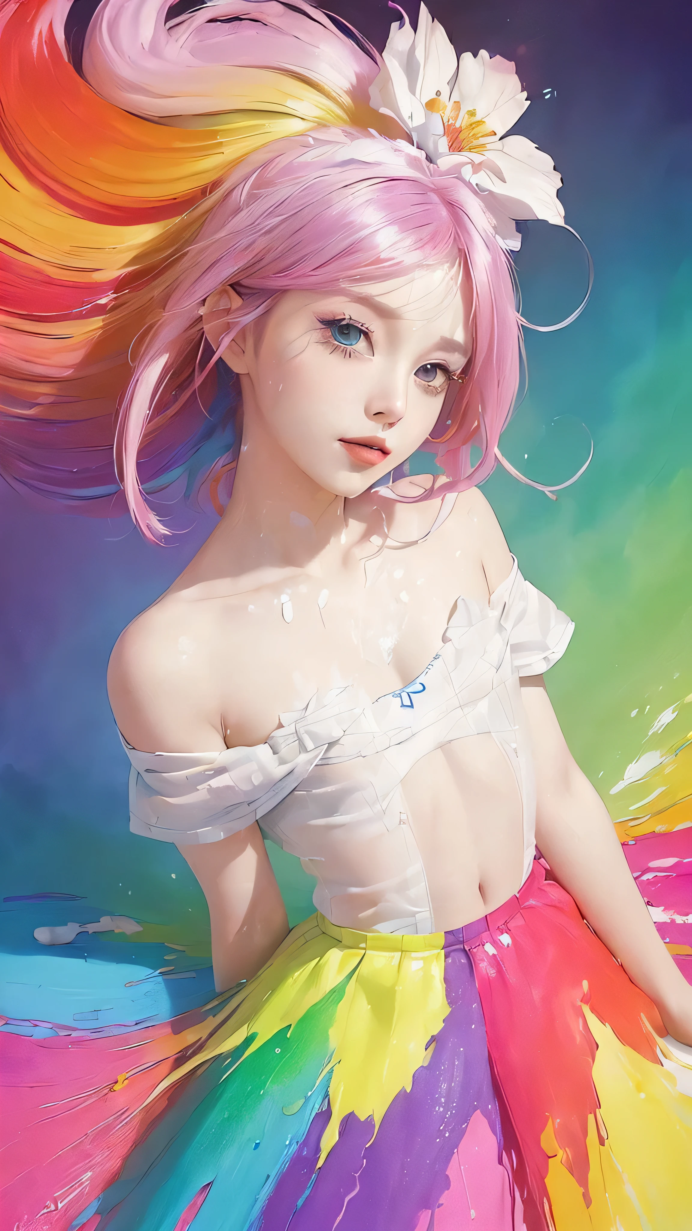 (Pink Fashion T-shirt:1.9),(Colorful hair: 1.8), (All the colors of the rainbow: 1.8),(((((vertical paintinging:1.6))), (paintinging:1.6),front, 漫painting, illustrations, paintingings, big eyes, crystal clear eyes,( Rainbow gradient high ponytail:1.7), Exquisite makeup, Shut up,(Small fresh: 1.5),(Wipe Chest: 1.6) ,Long eyelashes, White off-the-shoulder T-shirt, White off-the-shoulder shirt,looking at the audience, big、watery eyes, (Rainbow Hair:1.6), Color flying splash, (Solitary:1.8), Color flying splash, Color Explosion, thick painting style, messy lines, ((shining)),(rich and colorful), (rich and colorful), (rich and colorful), rich and colorful, Thick painting Style, (splash) (Color splash), Vertical paintinging, Upper Body, painting splash, Acrylic paint, slope, painting, Highest image quality, best quality, masterpiece, Solitary, Depth of Field, Face painting, rich and colorful clothes, (elegant: 1.2), Gorgeous,long hair, Wind, (elegant: 1.3), (petal: 1.4),(((masterpiece))),(((best quality))),((Extremely detailed)),(illustration),(Dynamic angle),((floating)),(painting),((disheveled hair)),(Solitary),(1 Girl) , (((Delicate anima face))),((Beautiful and delicate face)),collar,Bare shoulders,white hair, ((rich and colorful hair)),((Striped hair)),Beautiful and delicate eyes,(slope color eyes),(((rich and colorful eyes))),(((rich and colorful background))),(((High saturation))),(((surrounded by rich and colorful splashes))),