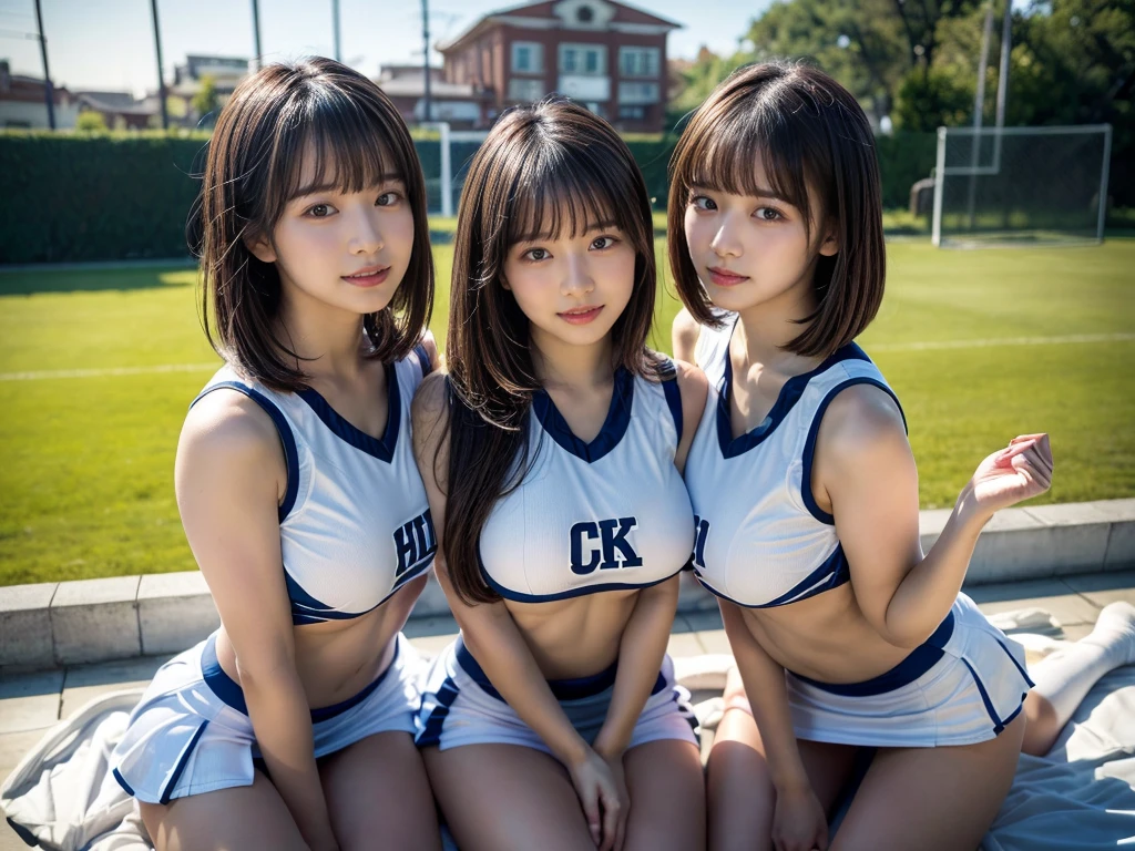 (RAW photo, 4k, masterpiece, high resolution, extremely complex) (realistic: 1.4), cinematic lighting
((2 girls, 2 schoolgirls)),blushing,((innocent)),bright eyes,round eyes,blunt bangs,(short bob hair:1.3),black hair,large breasts,wide hips,Summer Noon, ,Hot, (Best Quality), (Highres), (an Extremely Delicate and Beautiful),(Beautiful 8k face),(Brown eyes),( spectators),(gigantic breasts),(Play with each other,Touching each other's bodies,Touching the body),(cheer girl:1.5),(a miniskirt),(reality),bright lighting,(The background is a luxury hotel room)