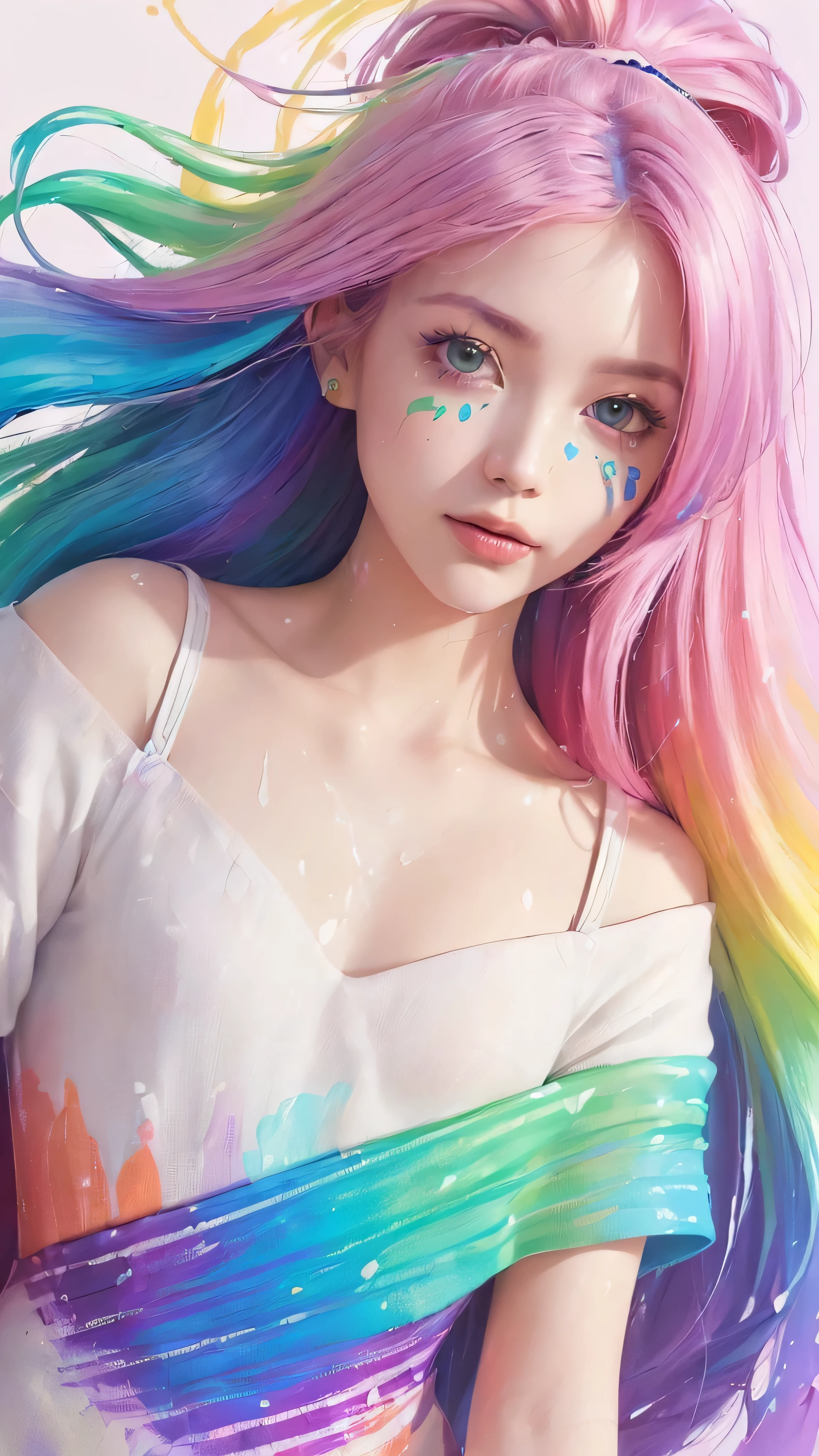 （Pink Fashion T-shirt：1.9），(Colorful hair: 1.8), (All the colors of the rainbow: 1.8),(((((vertical paintinging：1.6))), （paintinging：1.6），front, 漫painting, illustrations, paintingings, big eyes, crystal clear eyes,（ Rainbow gradient high ponytail：1.7）, Exquisite makeup, Shut up,(Small fresh: 1.5),(Wipe Chest: 1.6) ，Long eyelashes, White off-the-shoulder T-shirt,  White off-the-shoulder shirt，looking at the audience, big、watery eyes, (Rainbow Hair：1.6), Color flying splash, （Solitary：1.8）, Color flying splash, Color Explosion, thick painting style, messy lines, ((shining))，(rich and colorful), (rich and colorful), (rich and colorful), rich and colorful, Thick painting Style, (splash) (Color splash), Vertical paintinging, Upper Body, painting splash, Acrylic paint, slope, painting, Highest image quality, best quality, masterpiece, Solitary, Depth of Field, Face painting,  rich and colorful clothes, (elegant: 1.2), Gorgeous,long hair, Wind, (elegant: 1.3), (petal: 1.4)，(((masterpiece))),(((best quality))),((Extremely detailed)),(illustration),(Dynamic angle),((floating)),(painting),((disheveled hair)),(Solitary),(1 Girl) , (((Delicate anima face))),((Beautiful and delicate face)),collar,Bare shoulders,white hair, ((rich and colorful hair)),((Striped hair)),Beautiful and delicate eyes,(slope color eyes),(((rich and colorful eyes))),(((rich and colorful background))),(((High saturation))),(((surrounded by rich and colorful splashes))),