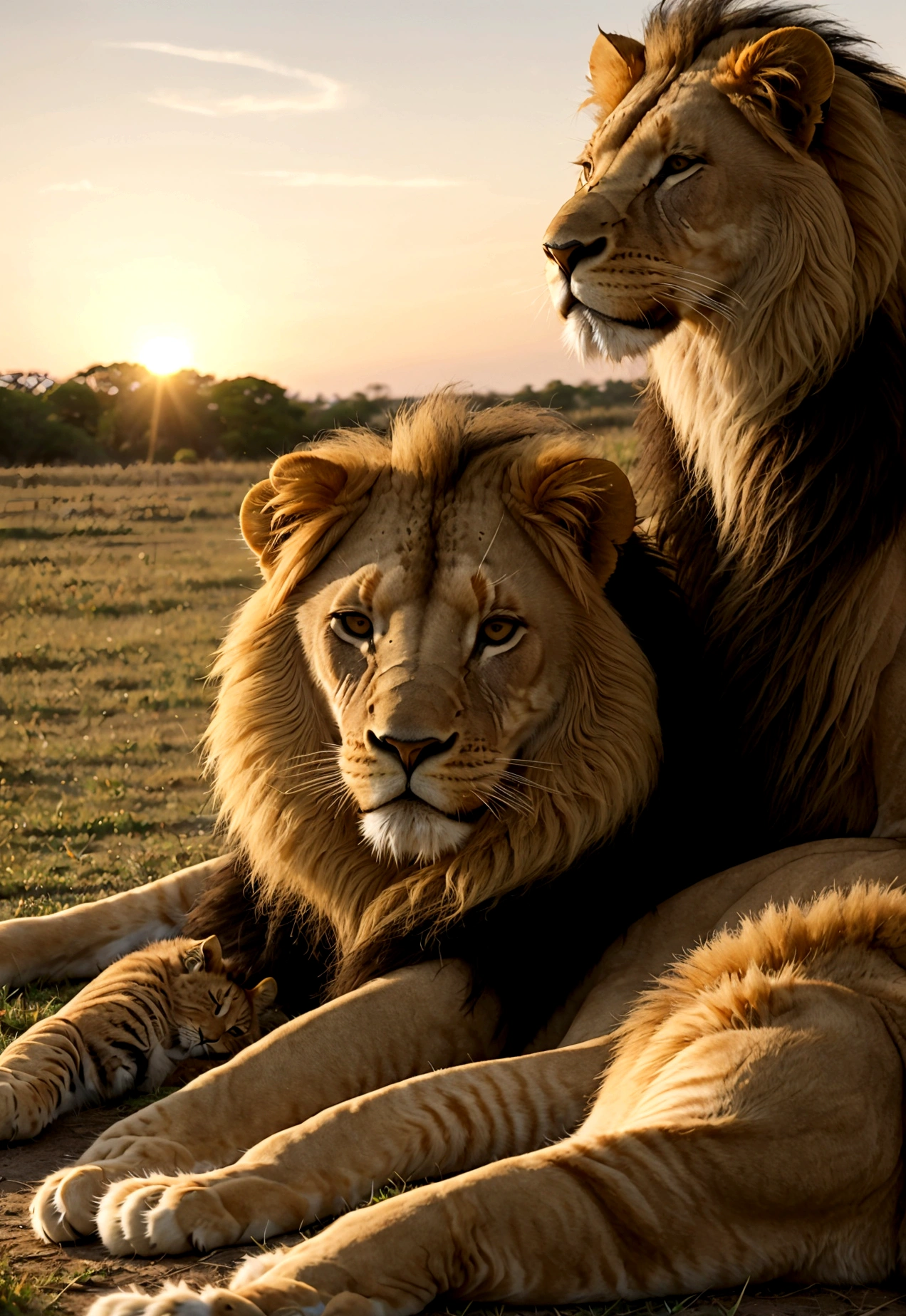 A heartwarming image of a lion and a cat sleeping together. The lion is a majestic male with a thick, golden mane, lying on its side with a peaceful expression. The cat is a small, fluffy calico with white, black, and orange patches, curled up close to the lion's body. They are resting on a soft, grassy area in the savannah, with the warm, golden light of the setting sun casting a gentle glow over them. The scene captures an unlikely but touching bond between the two animals, highlighting their tranquility and the beauty of nature.