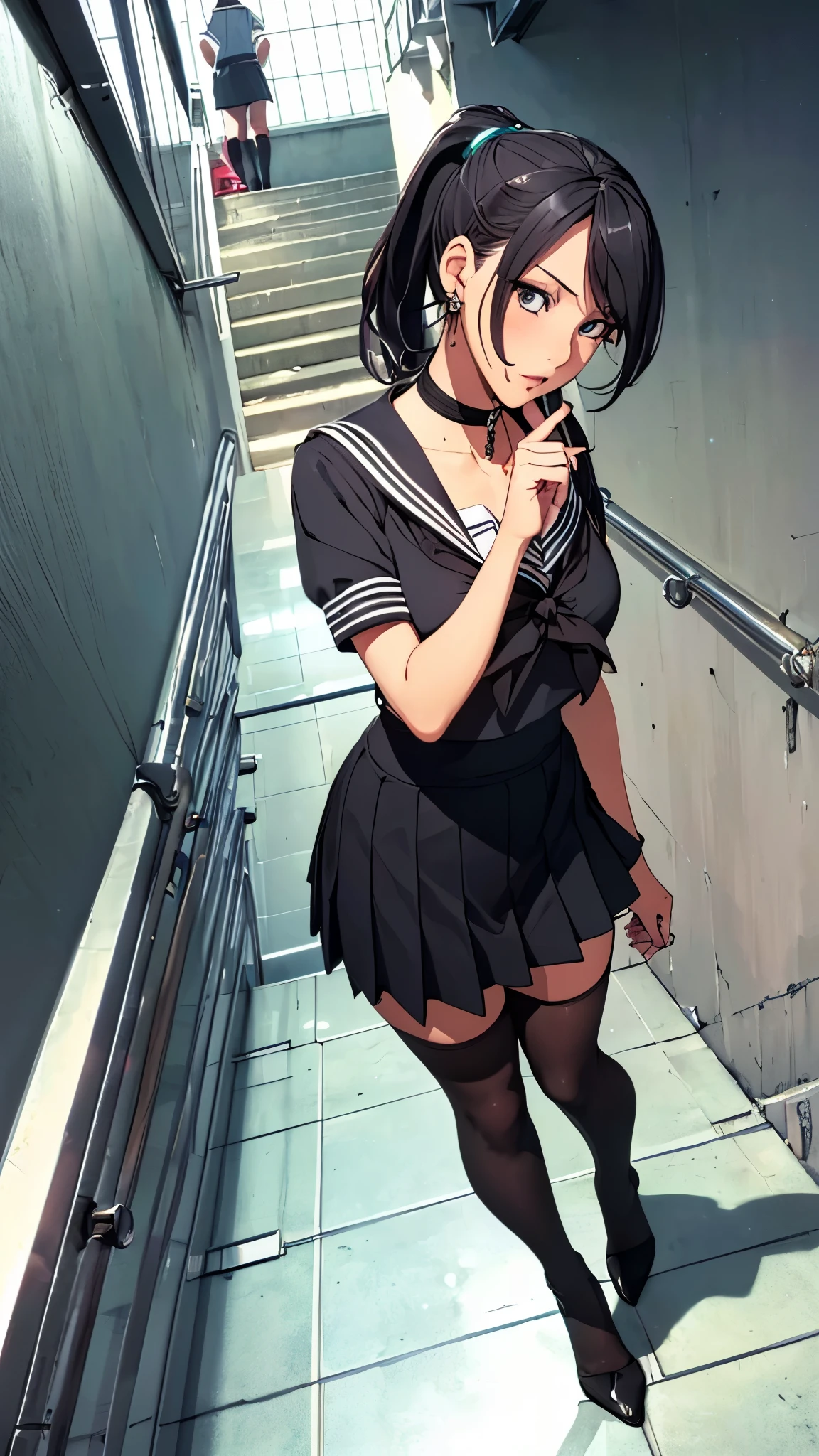 (((highest quality, High resolution, , Pixel Perfect, 4K))),((Correct Anatomy))、((Sailor suit))、(((School stairs))), ((From behindLow - Angle)),((highest quality)), ((Complex and detailed)), ((Black knee-high socks)), ((Mini Pleated Skirt))、An absurd solution, Mature Woman, Mature Woman, perspective, Very detailed,(((Full Body Shot)))、Great style、(Long Hair)、glamorous、Beautiful legini skirt、black tights、(((The whole body is visible))), One Woman, ((ponytail)), Perfect hands, Detailed fingers, Beautiful details,  Black choker, Earrings, Black Stockings, Perfect Eyes, Seductive eyes,(Low - Angle)