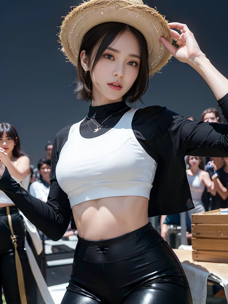 Look here and smile、Colorful summer clothes、top-quality、masterpiece、超A high resolution、(realisitic:1.4)、Very wide lens、a closeup、Beautiful young woman、Beautiful detail eyes and skin、ssmile、Brown short-cut hair、 bust、Small necklace、、a straw fedora hat、、Summer sky、(highest image quality:1.35), high quality, Realistic photo, (A beautiful woman:1.33), beautiful expression, (delicate eyes:1.3), (delicate face:1.3 ) , Smile, (shiny hair:1.2), Super detailed , high resolution, Sporty figure, (big breasts:1.25), (long hair:1.2), (beautiful woman), ( Navel cute:1.2), (Depth of field f/1.8:1.45 ), sharp focus, original photo , (Thin black shirt:1.45), (Thin white pants:1.4), (Thin tight black pants:1.4 ), (sports bra:1.4), (Thick thighs:1.5), (Forward facing:1.25), (cowboy shots:1.4), (Night sports:1.4), (dark sky:1.5 ),
