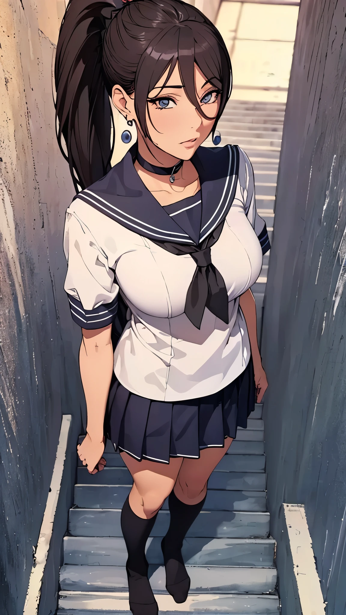 (((highest quality, High resolution, , Pixel Perfect, 4K))),((Correct Anatomy))、((Sailor suit))、(((School stairs))), ((From behindLow - Angle)),((highest quality)), ((Complex and detailed)), ((Black knee-high socks)), ((Mini Pleated Skirt))、An absurd solution, Mature Woman, Mature Woman, perspective, Very detailed,(((Full Body Shot)))、Great style、(Long Hair)、glamorous、Beautiful legini skirt、black tights、(((The whole body is visible))), One Woman, ((ponytail)), Perfect hands, Detailed fingers, Beautiful details,  Black choker, Earrings, Black Stockings, Perfect Eyes, Seductive eyes,(Low - Angle)