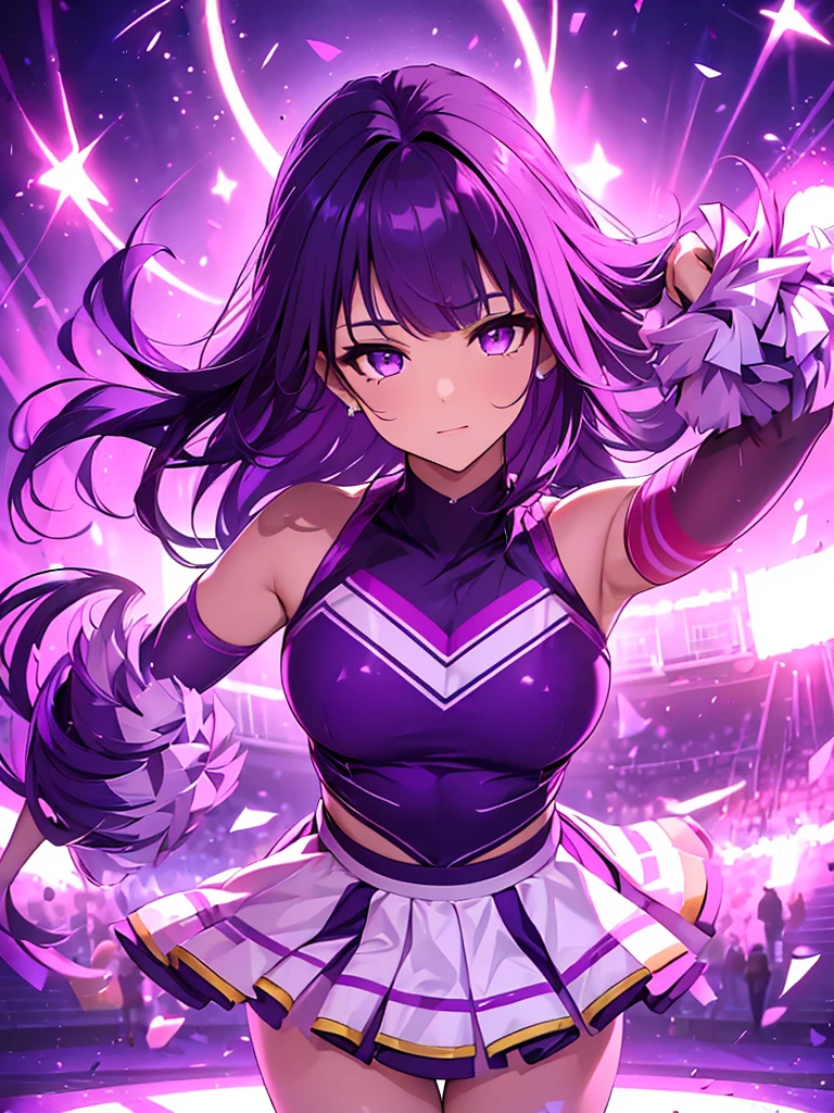 1women, as a cheerleader, wearing colourful cheerleader outfit, cheerleading at a playground, dark purple color medium length hair, purple colour eyes, 8k, high detailed, high quality
