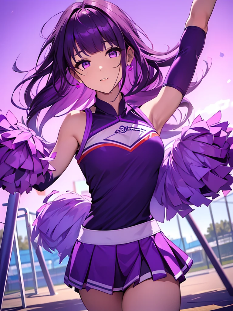 1women, as a cheerleader, wearing colourful cheerleader outfit, cheerleading at a playground, dark purple color medium length hair, purple colour eyes, 8k, high detailed, high quality
