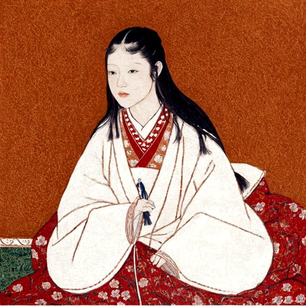 A painting of a woman sitting on a bed with a red blanket, by Kazumasa Miyagawa, by Shigenobu Yanagawa, by Takanobu Kano, by Kano Masanobu, by Flower Room One Long II, by Fujiwara Takanobu, by Sawa Sekkyō