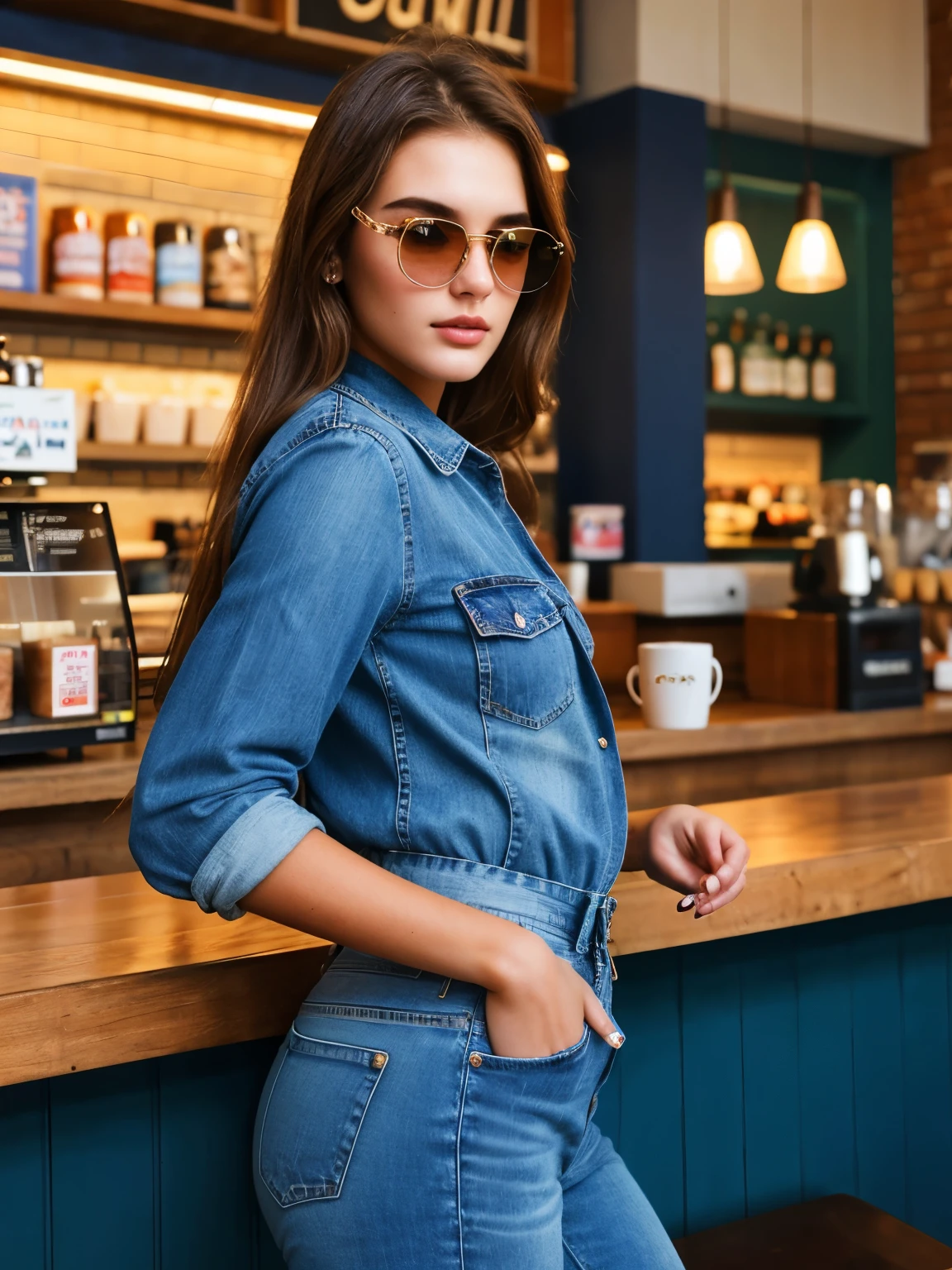 Australian model girl, (20 years old), in the coffee shop, night, jeans, sunglasses, attractive expression, (below view), (face and skin details), (masterpiece, best quality, highly detailed, hyper realistic) 