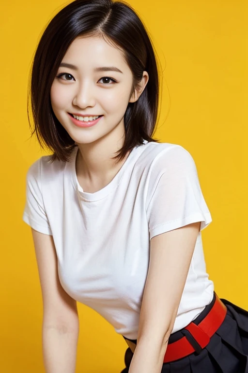 a gorgeous lady, age 21, white T-shirt and red mini-skirt, dimpled smile, short ponytail hair, natural pose, photorealistic, beautiful detailed eyes, ample round bosom, hyper-realism, high contrast, ultra HD, realistic skin textures, top image quality, top-quality, super high resolution, fine details, very meticulously, simple yellow background