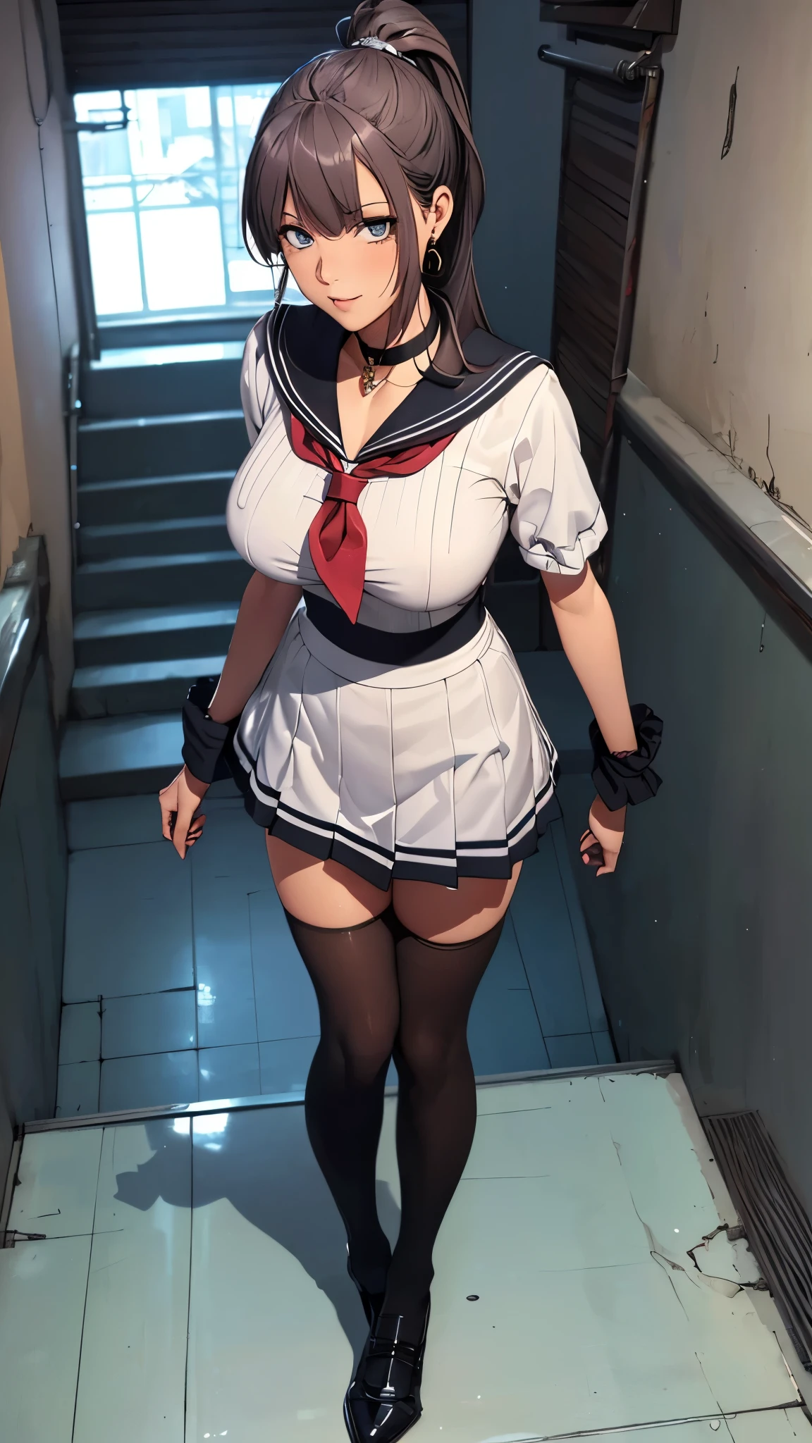 Highest quality，masterpiece，Ultra-high resolution, Very detailed, 8K，a  beautiful Japanese woman:1.5, Small face, Black hair ponytail, blunt bangs, Breast Augmentation Surgery, (High school uniform:1.5, Pleated skirt), 　chest tied with rope、　Night Classroom、　Put your hands behind your head、　Hands tied with rope hanging from the ceiling、　Thighs tied with rope