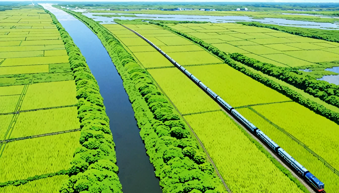 A train running through the Kushiro Marsh、Aerial view、landscape、anime