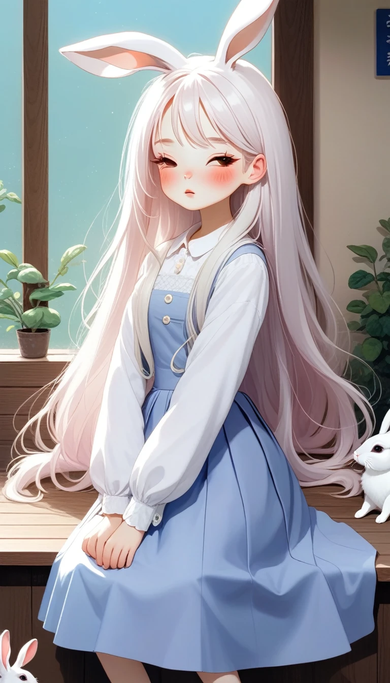 1 Girl, Solitary, long_hair, blush, long_sleeve, skirt, Very_long_hair, close_Eye, White_hair, rabbit